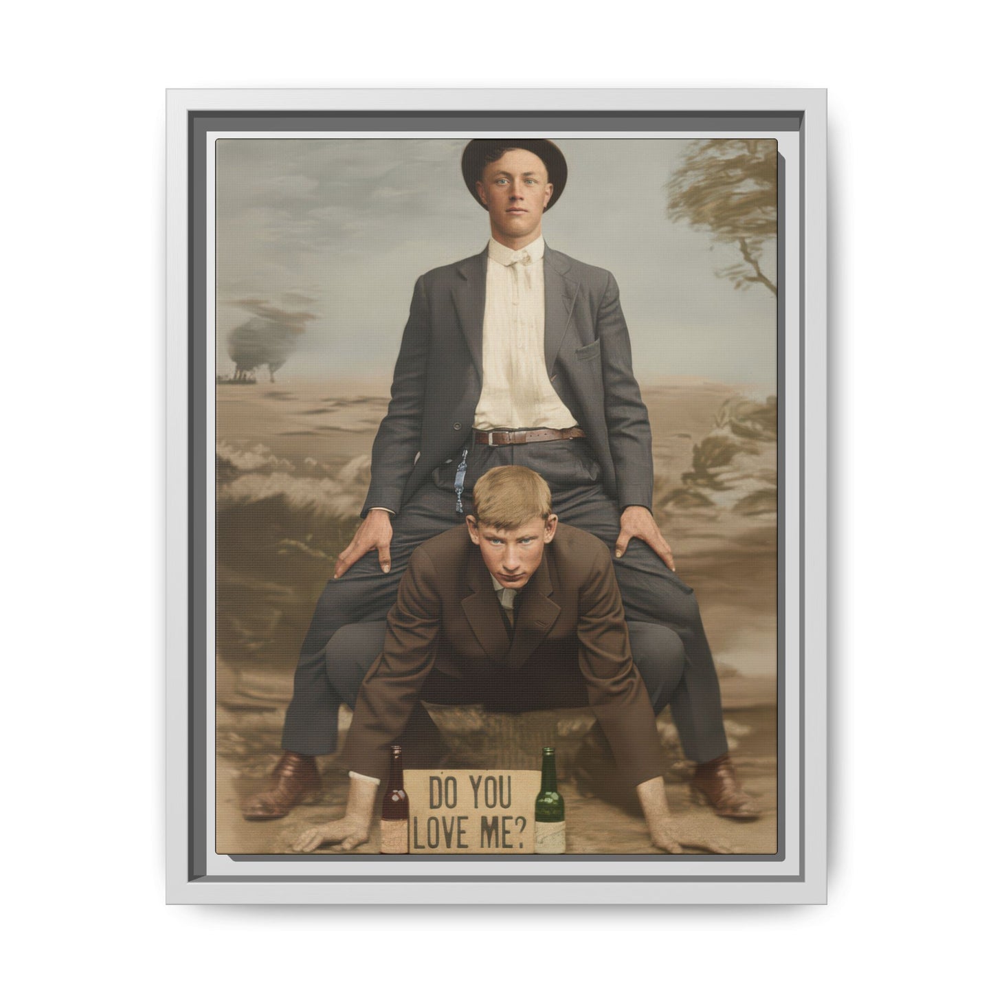 Historical framed canvas wall art with dual figure structure