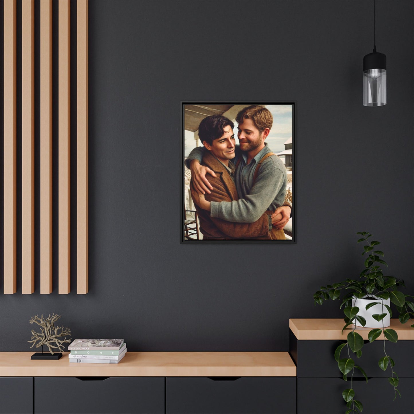 Artwork of a tender moment between two men embracing on a rustic farm porch in 1930s-style clothing. Set against a snowy, vintage rural backdrop, this image captures LGBTQ+ love and connection with a nostalgic Americana feel