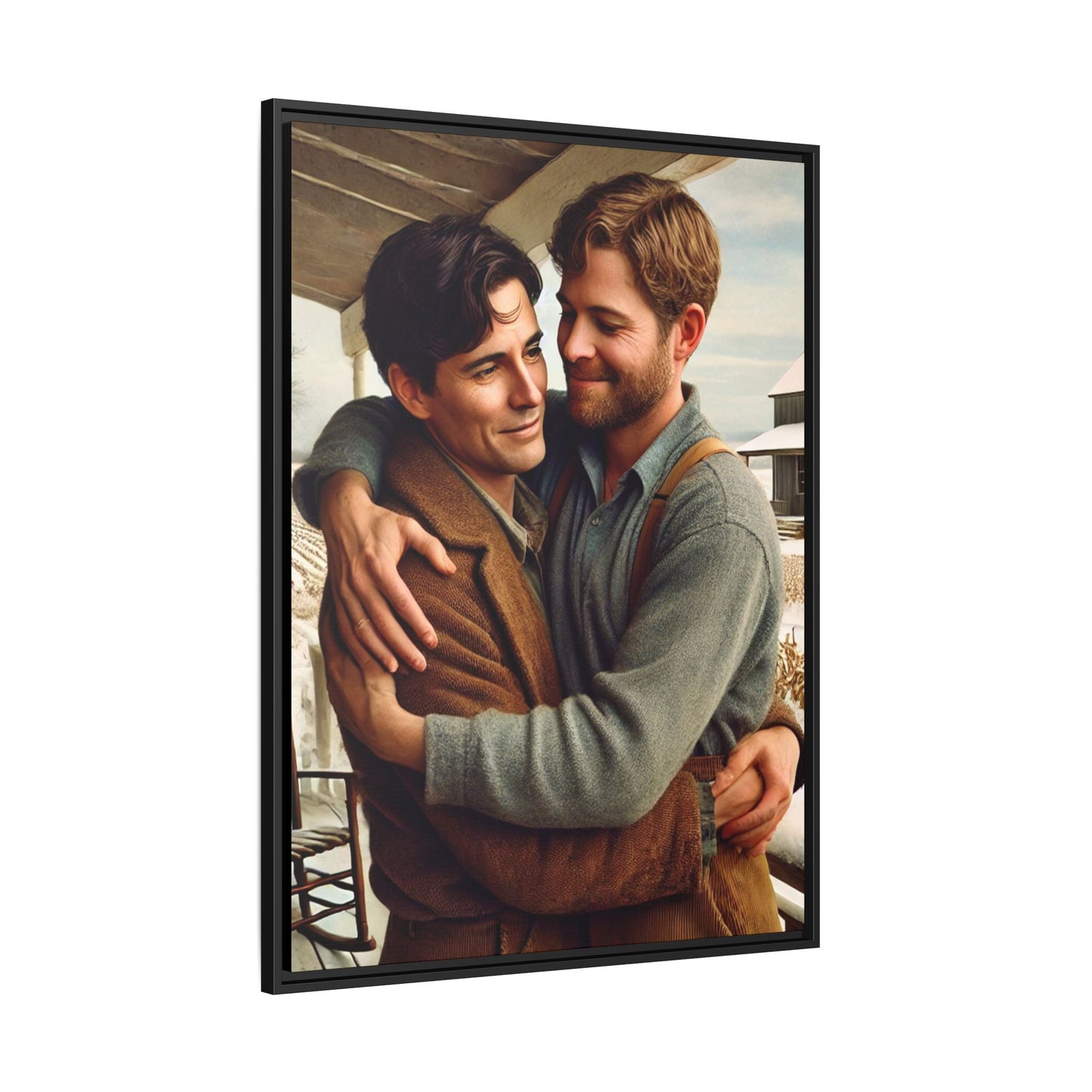 Artwork of a tender moment between two men embracing on a rustic farm porch in 1930s-style clothing. Set against a snowy, vintage rural backdrop, this image captures LGBTQ+ love and connection with a nostalgic Americana feel