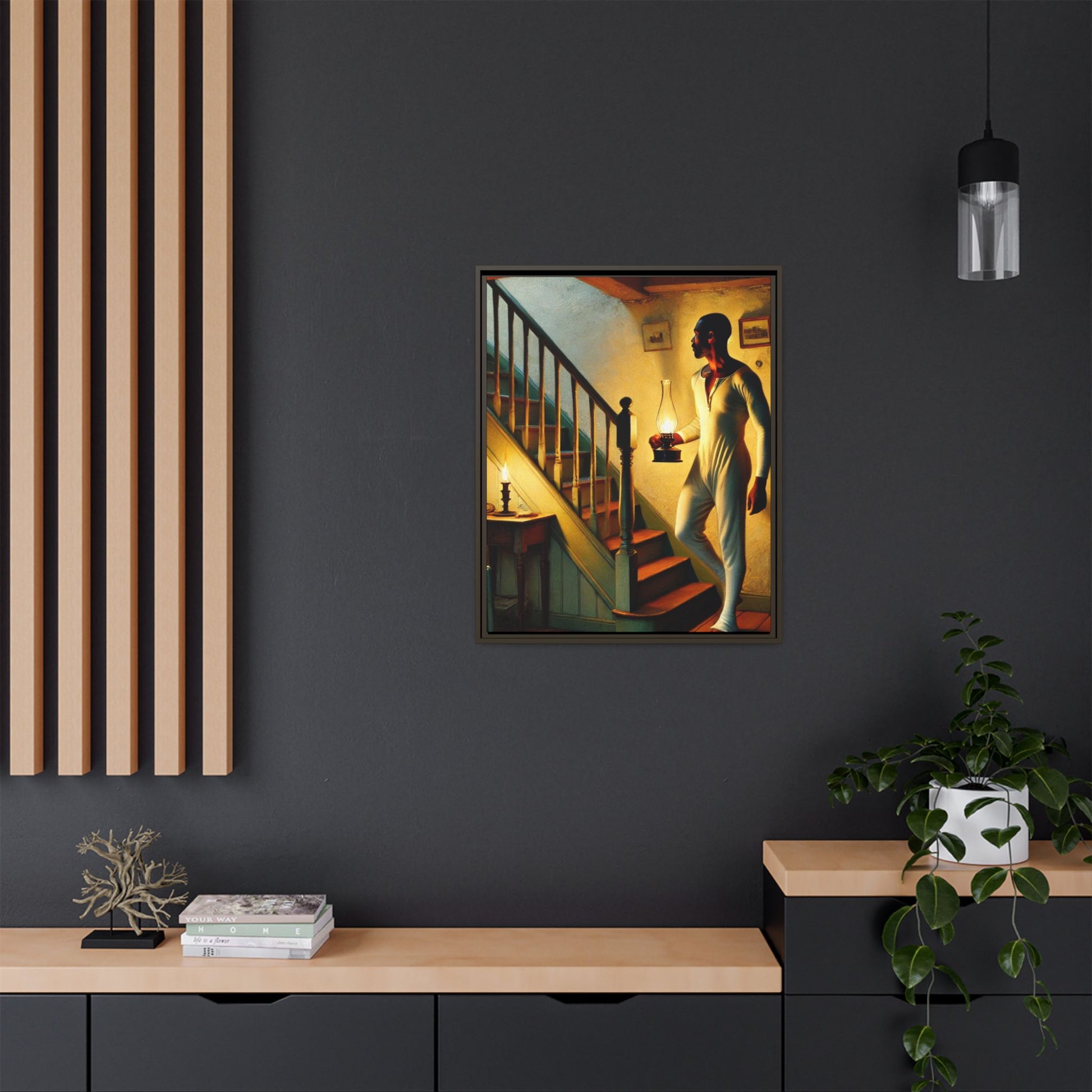 Framed artwork of an African-American man holding a lantern on a staircase, inspired by Grant Wood's style.