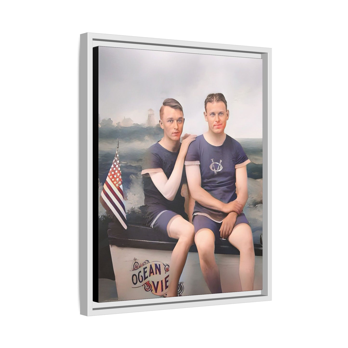 Restored vintage 1920s photo of Lee & Gerald, a gay couple in nautical swimwear by the ocean in Jacksonville FL, framed canvas art.