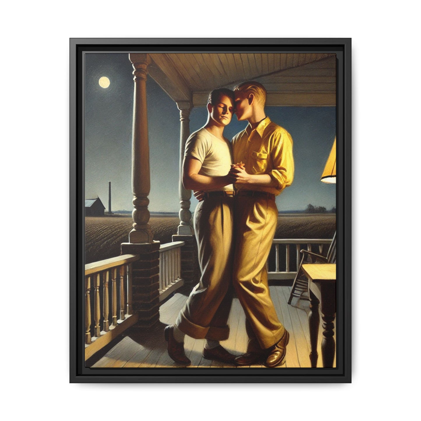 Artwork of a gay couple standing on a farmhouse porch under the moonlight, inspired by Grant Wood’s style.