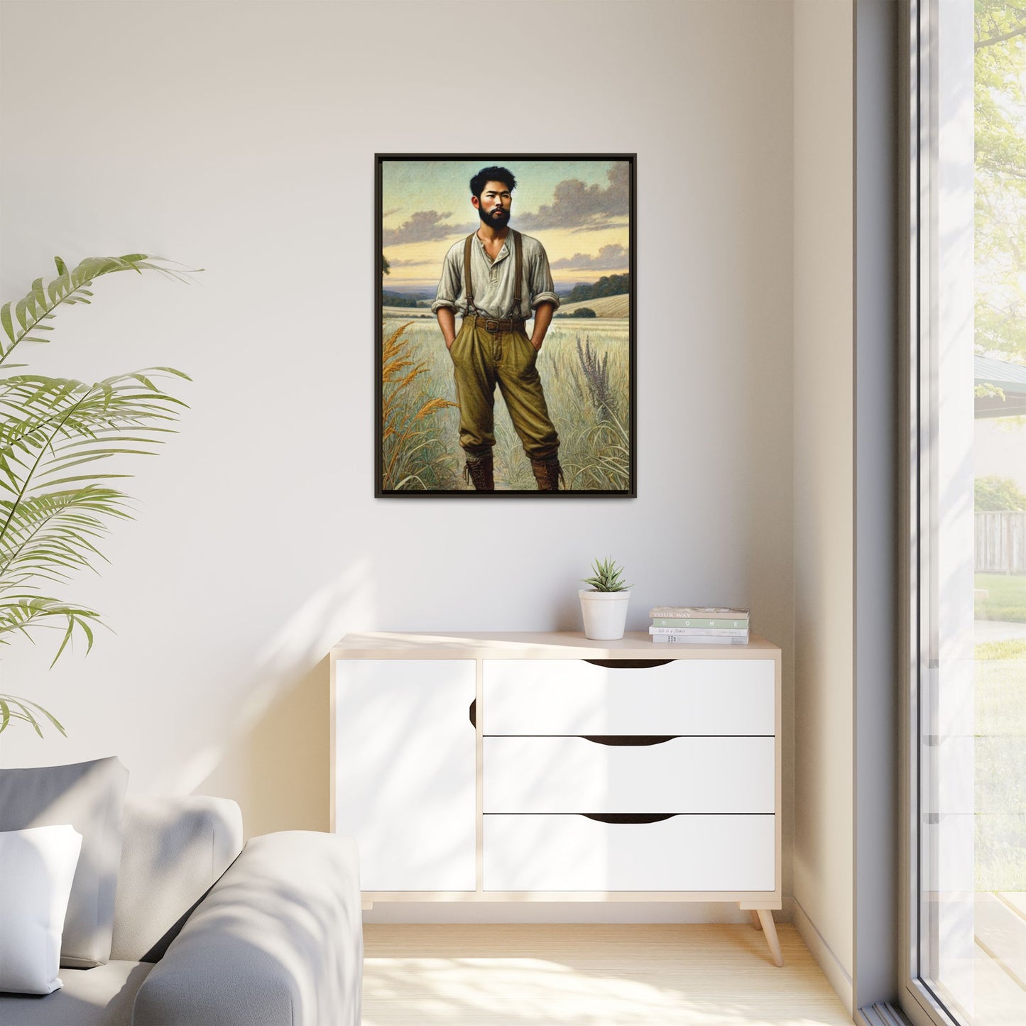 Framed artwork of an Asian-American farmer in 19th-century attire, inspired by Walt Whitman’s Leaves of Grass and Song of Myself, set against a serene rural backdrop of golden wheat fields and rolling hills.