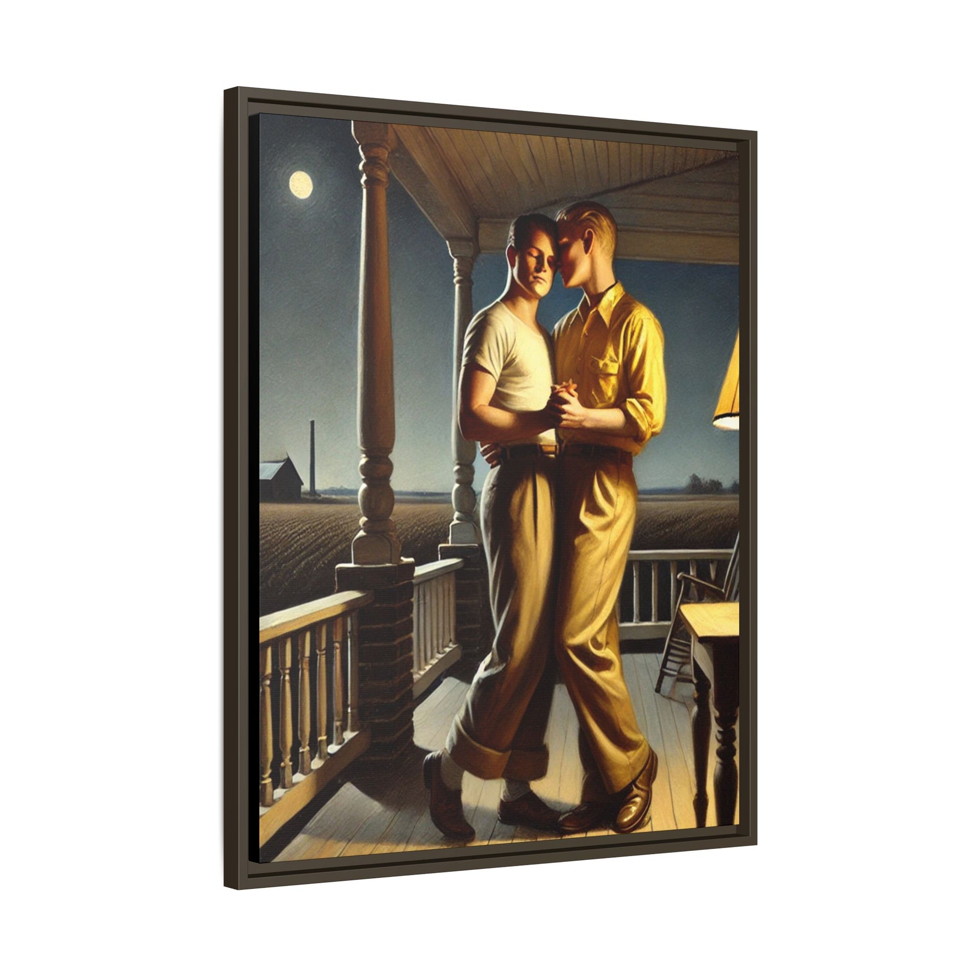 Artwork of a gay couple standing on a farmhouse porch under the moonlight, inspired by Grant Wood’s style.