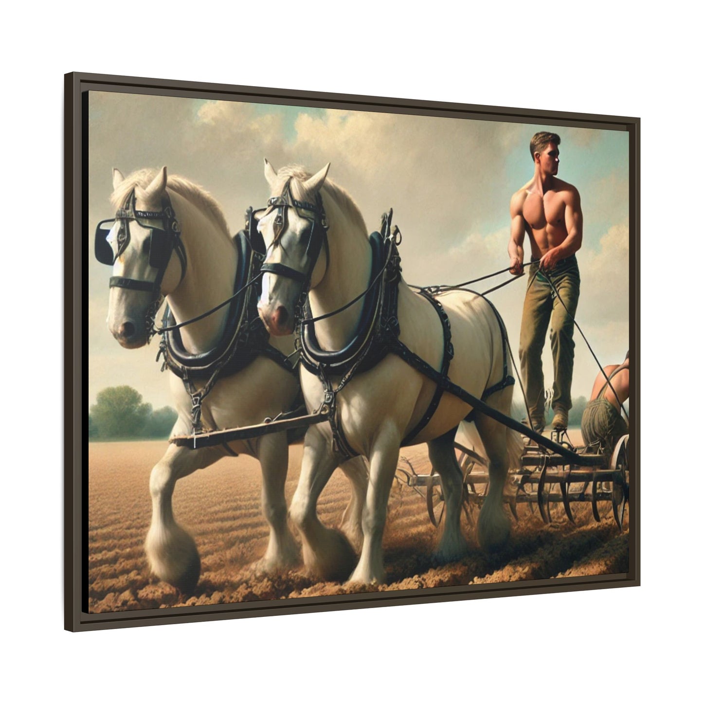 Vintage-style artwork of a shirtless man plowing a field with white horses, celebrating rural life and resilience.