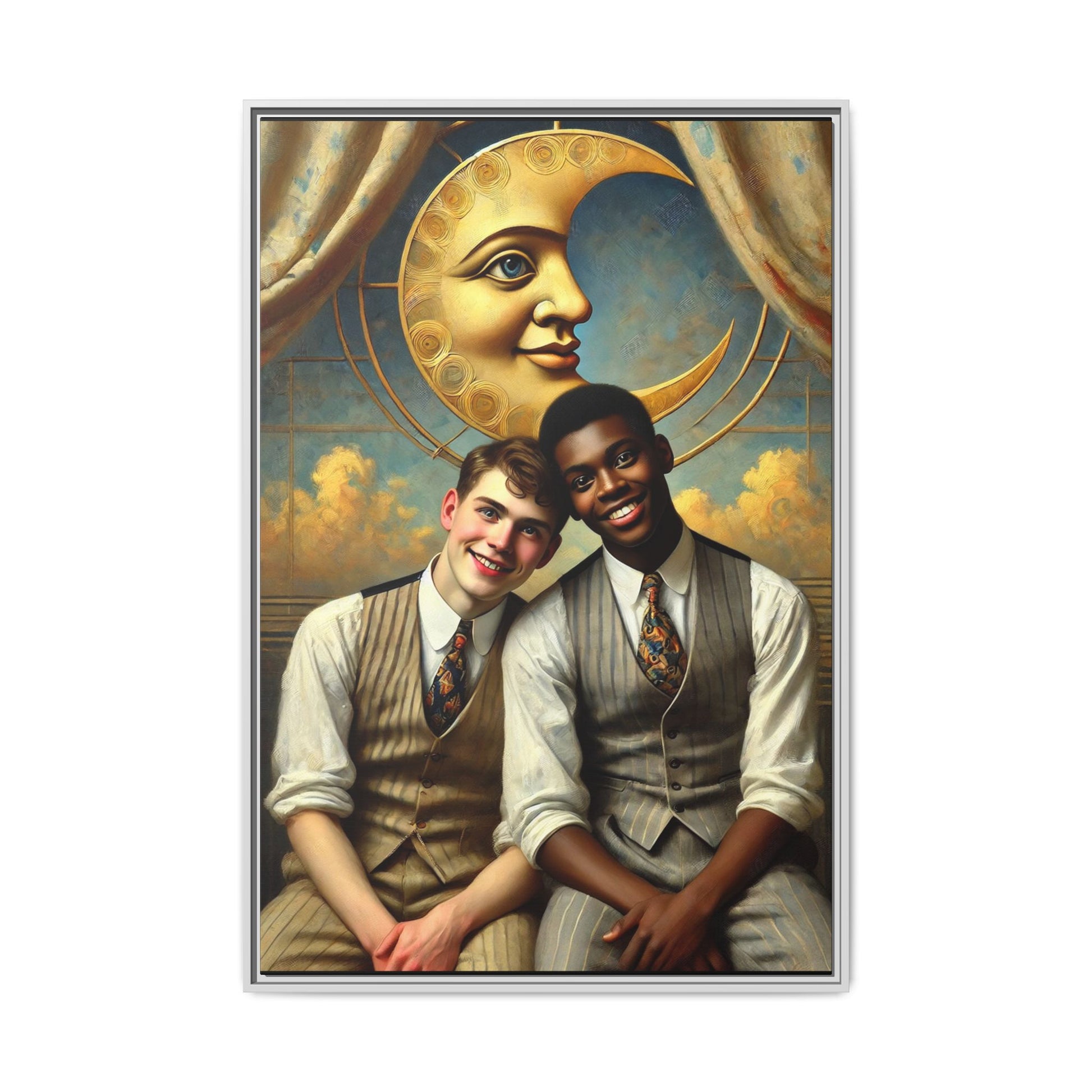 A vintage-style artwork showing a young interracial gay couple in 1920s attire sitting beneath a golden crescent moon with a serene expression. Their joyful closeness reclaims erased queer history and reflects the beauty of interracial love through a lens of tenderness and celebration.