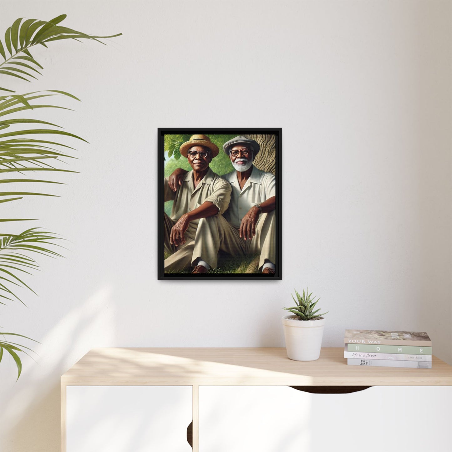 Framed artwork of a gay African-American couple in Cedar Rapids, Iowa, 1930s, celebrating love and resilience.