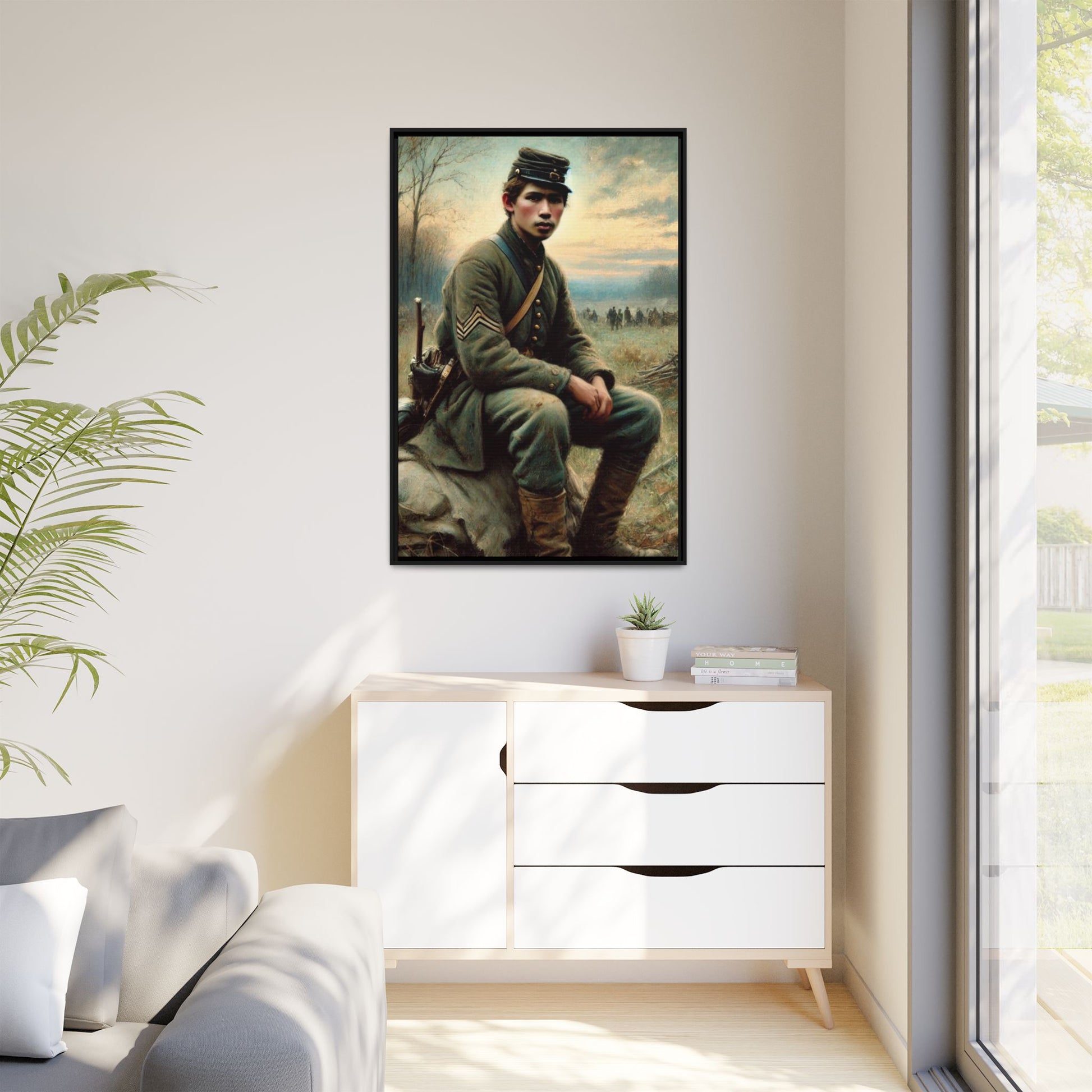 Framed artwork of a Civil War Union soldier inspired by Walt Whitman’s Leaves of Grass and Drum-Taps, depicting themes of sacrifice, strength, and vulnerability amidst a 19th-century battlefield.