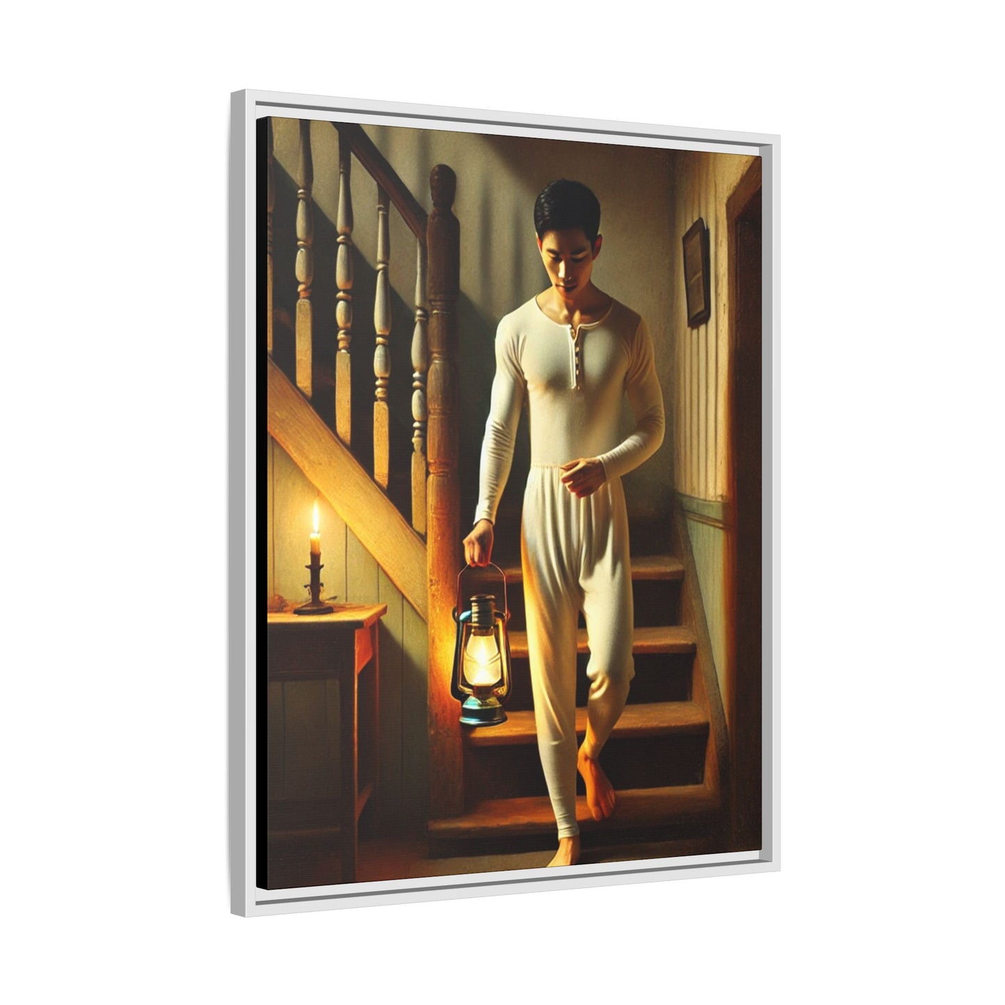 Framed artwork of an Asian-American man wearing long johns underwear holding a lantern on a staircase, inspired by Grant Wood’s style.