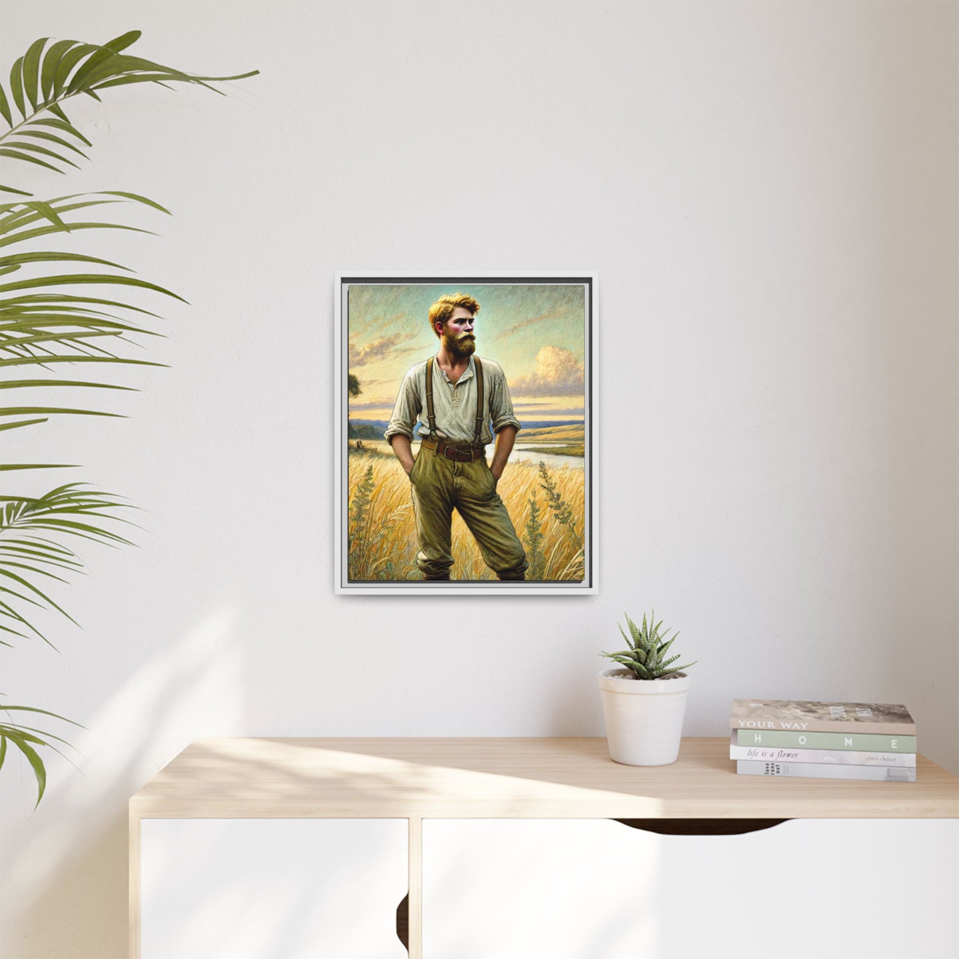 Framed artwork of a confident farmer in 19th-century attire, standing in a golden wheat field, inspired by Walt Whitman’s Song of Myself in Leaves of Grass.