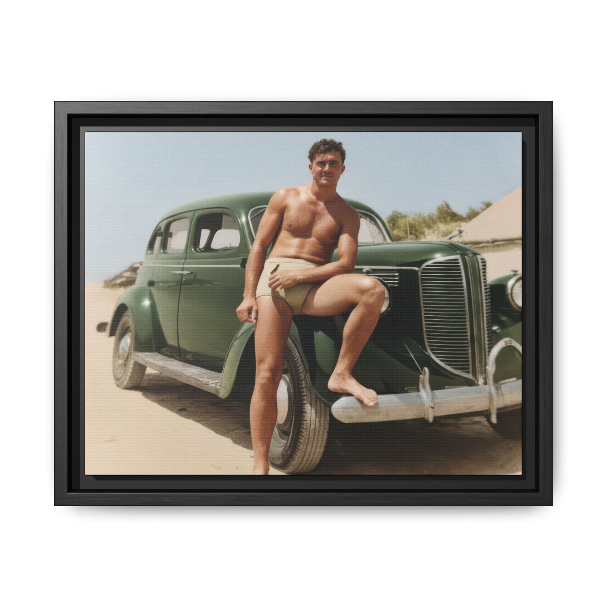Vintage automobile beach portrait framed canvas wall art featuring a restored historical photograph of a classic car by the seaside