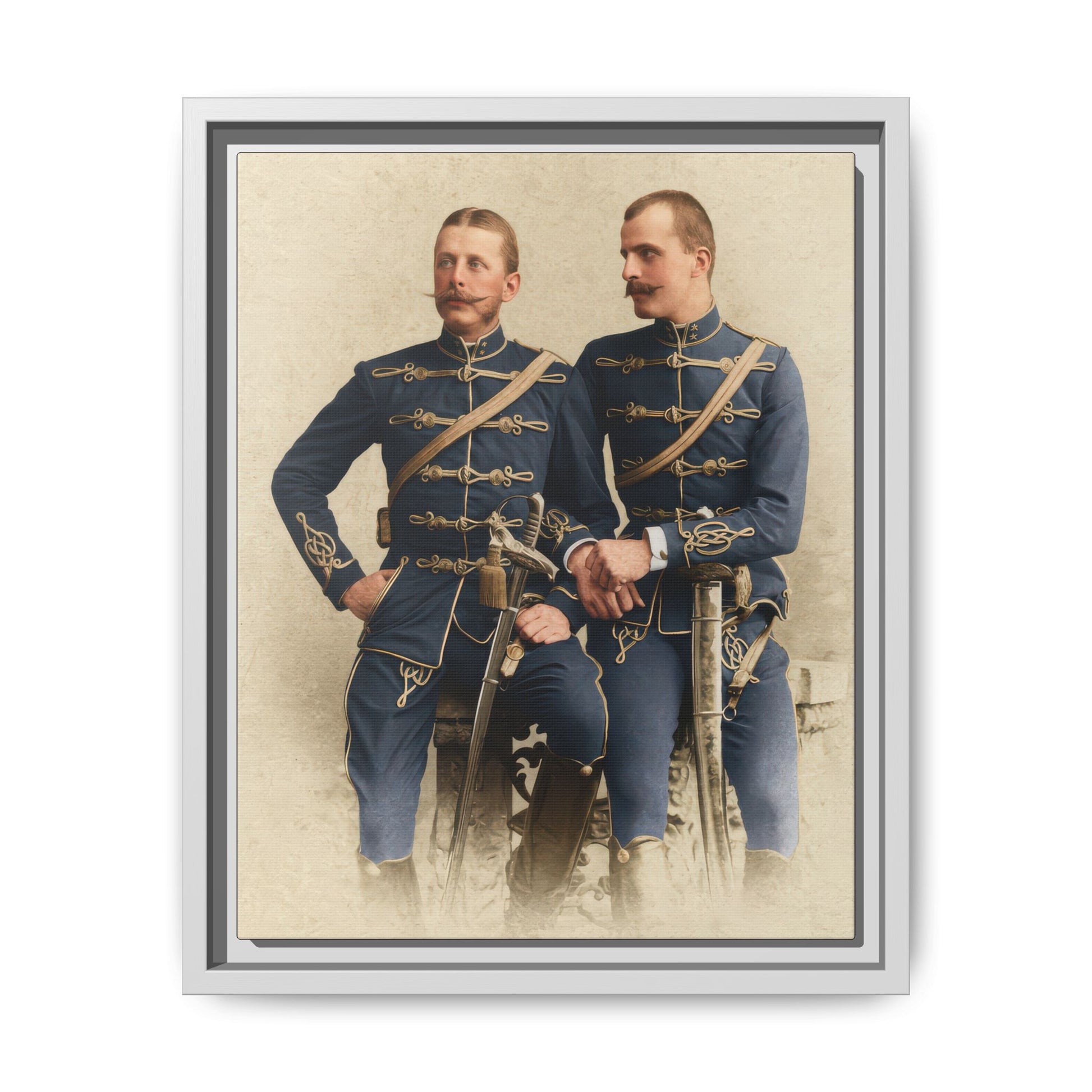 Historical companion portrait framed canvas wall art with structured composition