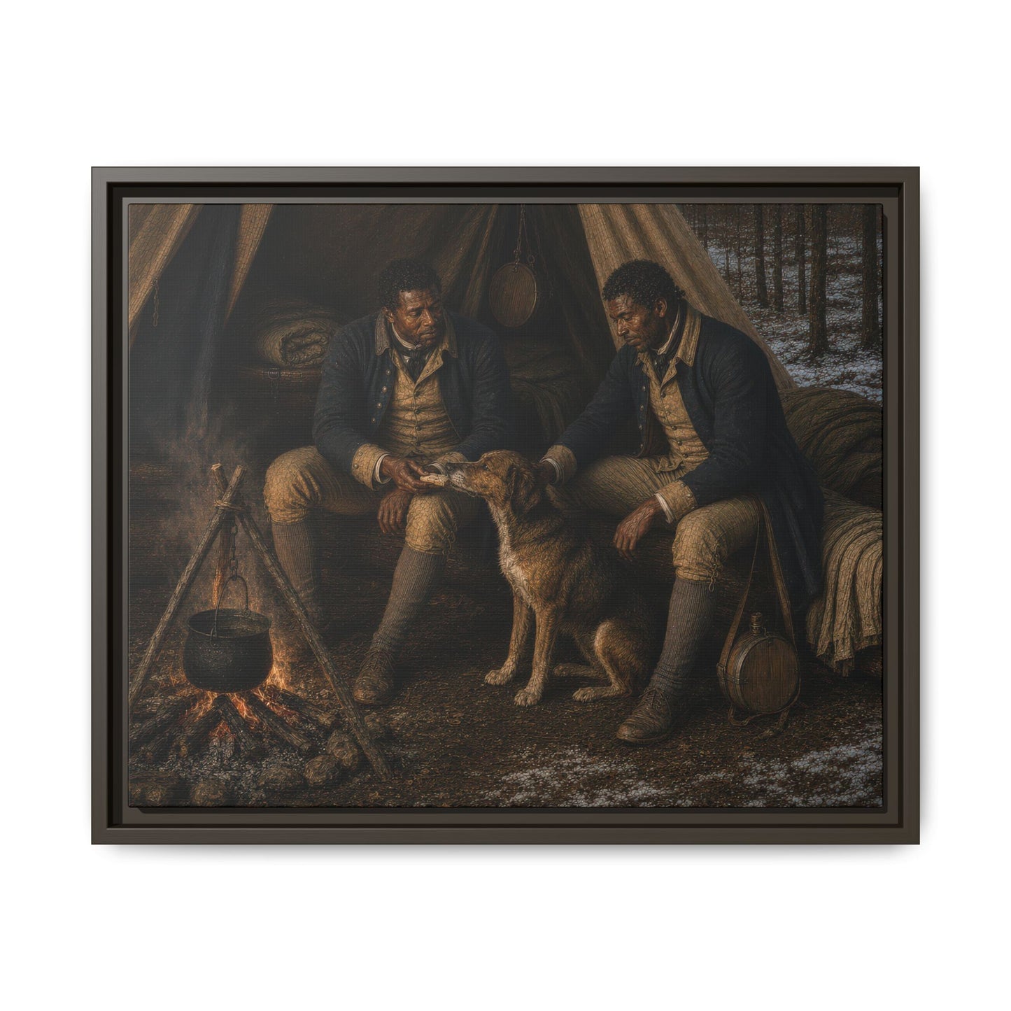 Two Black Continental Army soldiers seated beside a winter campfire with a dog in a Revolutionary War tent, museum-inspired framed canvas.