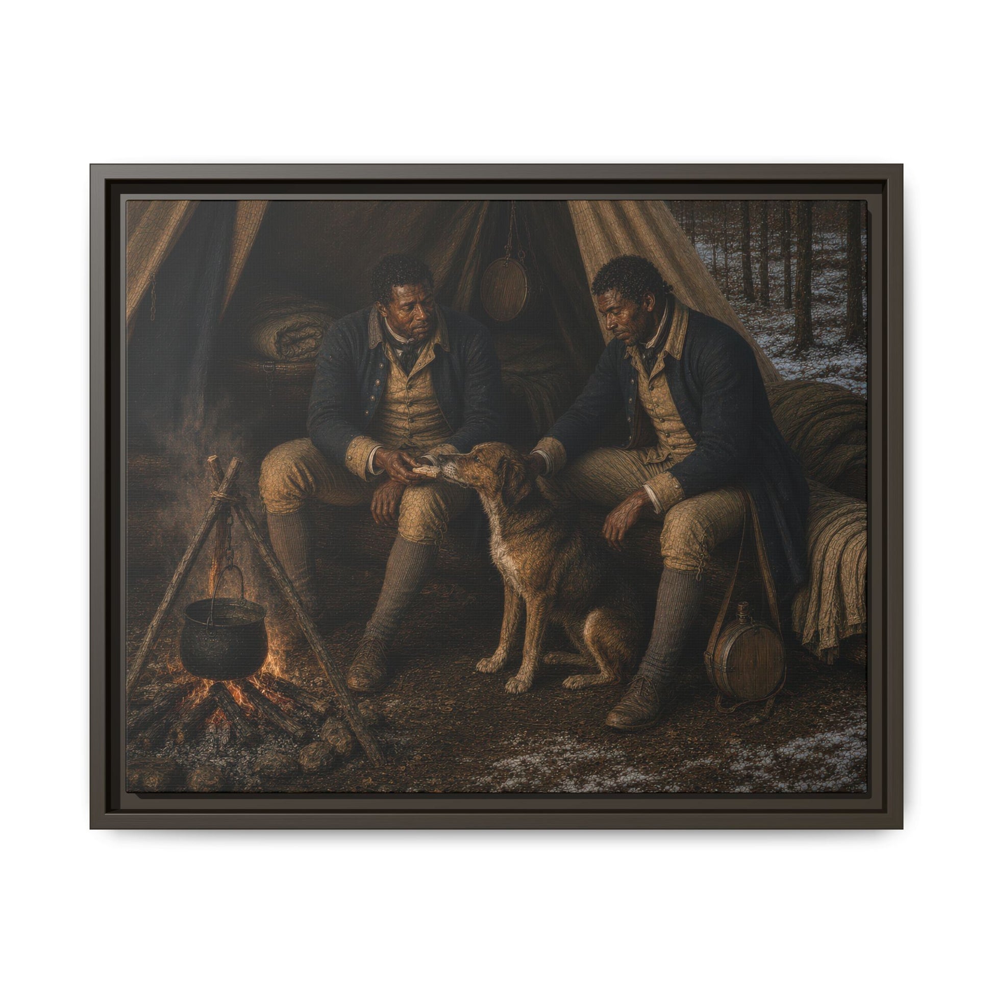 Two Black Continental Army soldiers seated beside a winter campfire with a dog in a Revolutionary War tent, museum-inspired framed canvas.