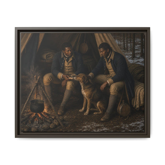 Two Black Continental Army soldiers seated beside a winter campfire with a dog in a Revolutionary War tent, museum-inspired framed canvas.