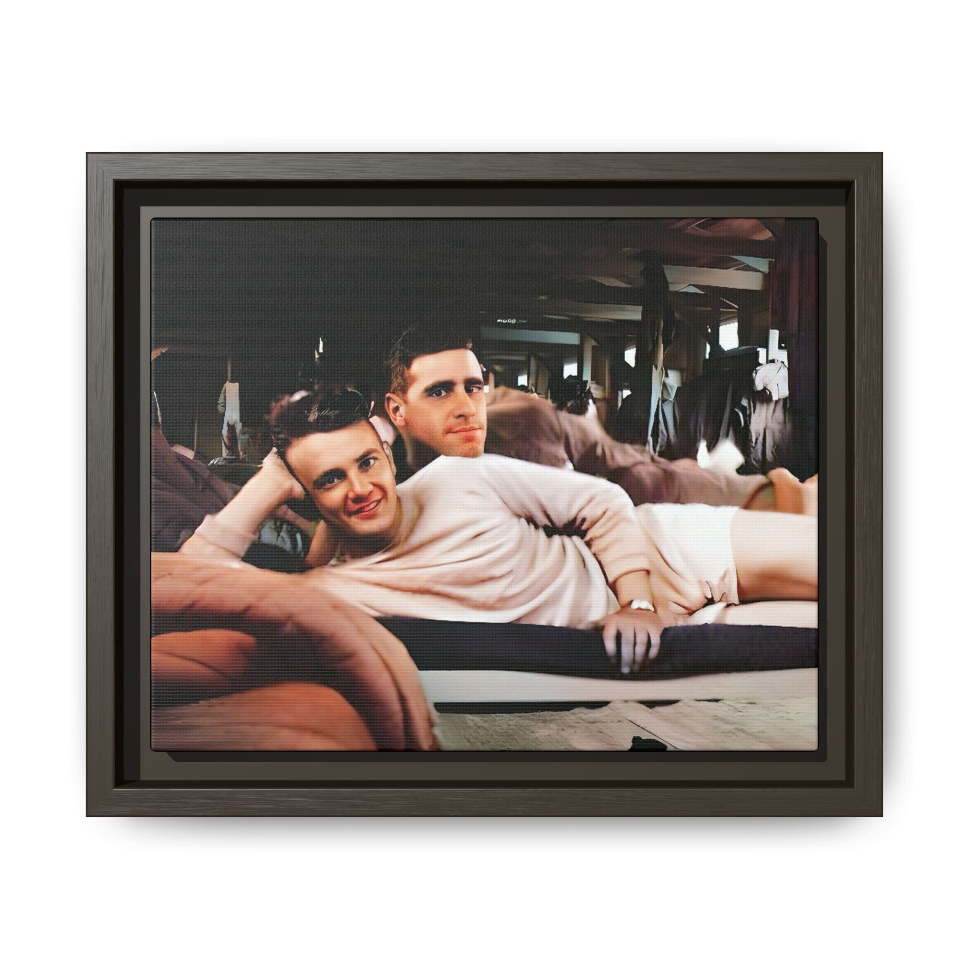 Restored 1940s photo of Jules & Seymour, a gay couple lounging together at Camp Campbell KY, framed matte canvas art.