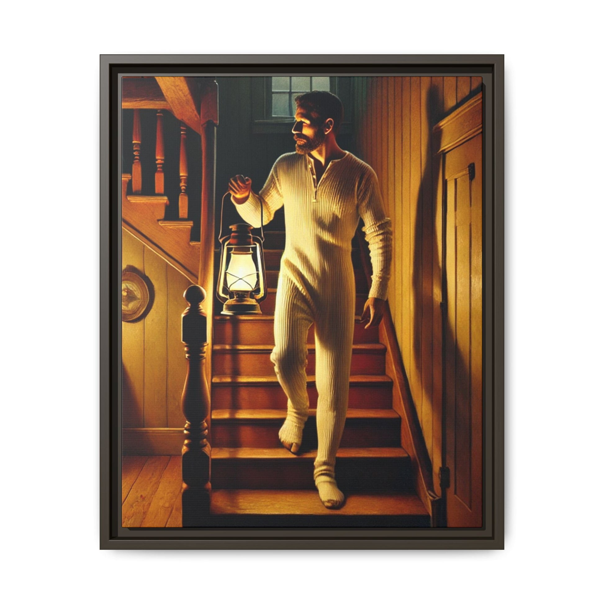 Atmospheric artwork of a man descending wooden stairs with a lantern, inspired by Grant Wood’s rural themes.