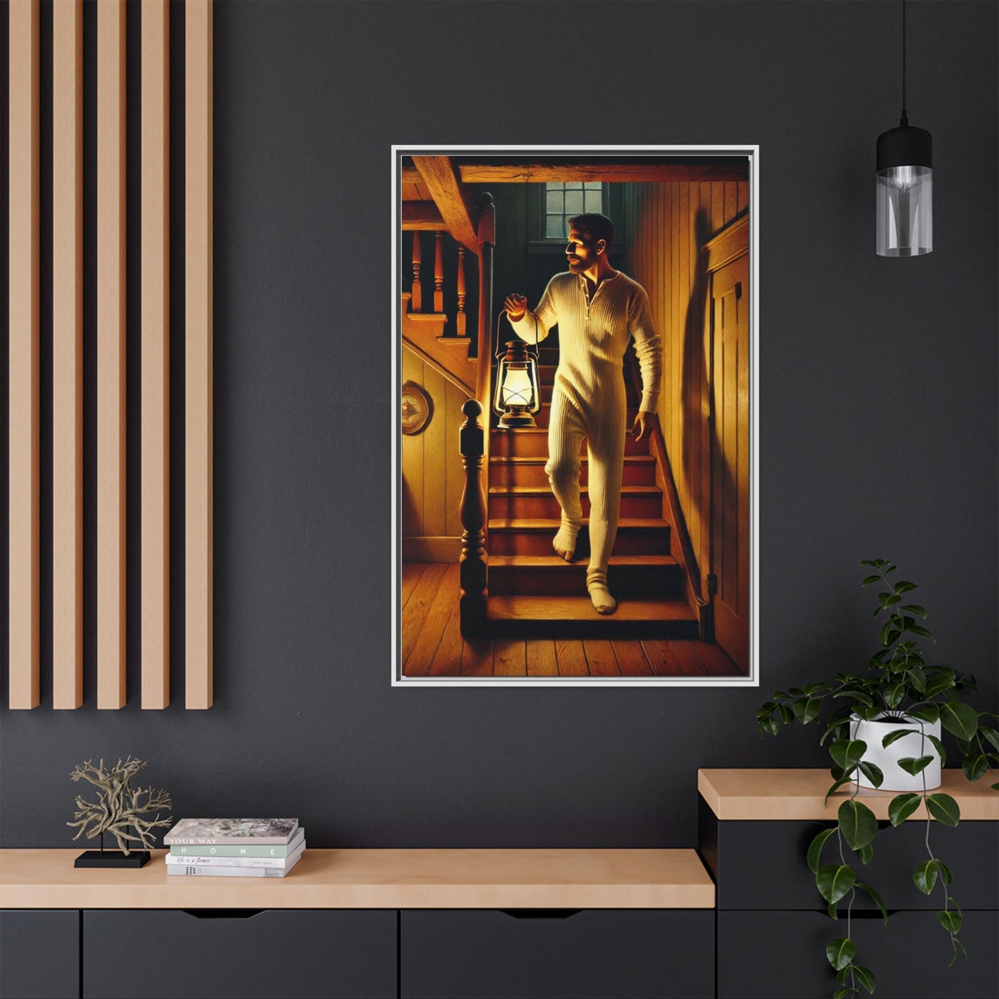 Atmospheric artwork of a man descending wooden stairs with a lantern, inspired by Grant Wood’s rural themes.