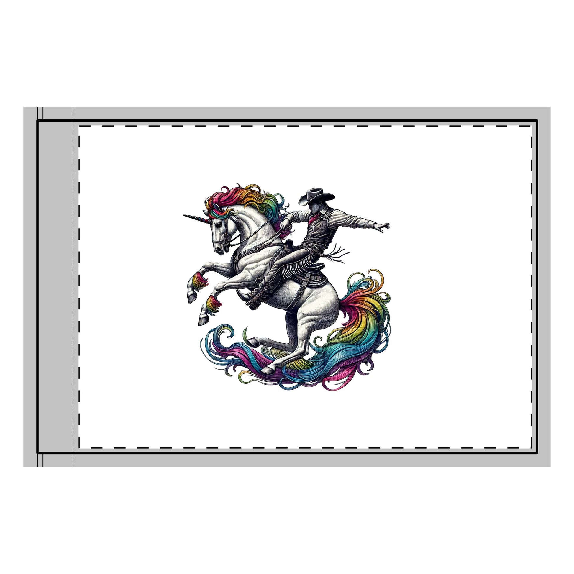 A bold Rainbow Riders flag featuring a cowboy riding a unicorn with a vibrant rainbow mane and tail, symbolizing diversity, unity, and inclusion. The design highlights school spirit and pride, perfect for events and advocacy. LGBTQ GAY Queer Flag