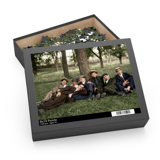 Seven men beneath the trees photo puzzle displayed in full on a cream surface, with the reclining foreground figure and central tree visible.