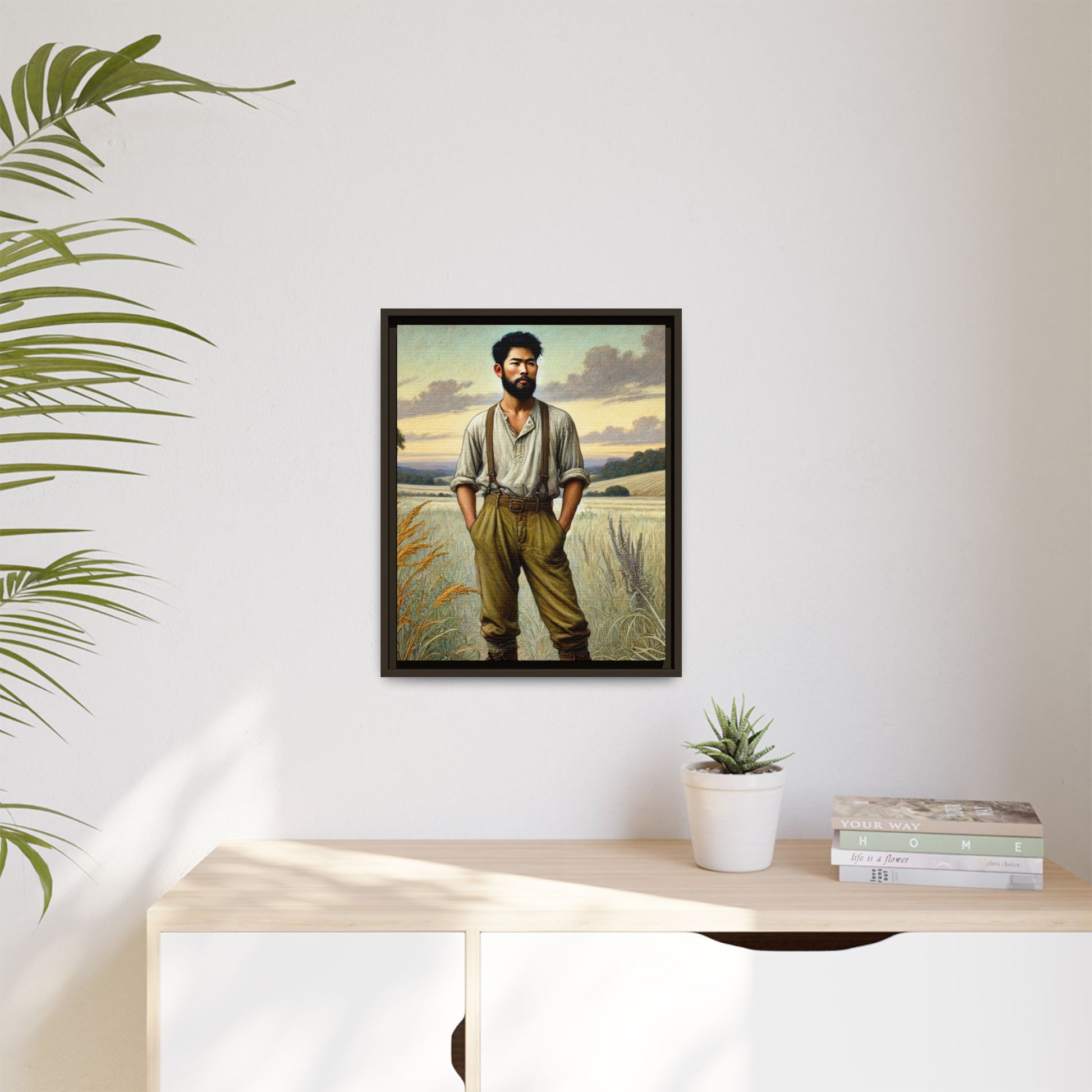 Framed artwork of an Asian-American farmer in 19th-century attire, inspired by Walt Whitman’s Leaves of Grass and Song of Myself, set against a serene rural backdrop of golden wheat fields and rolling hills.