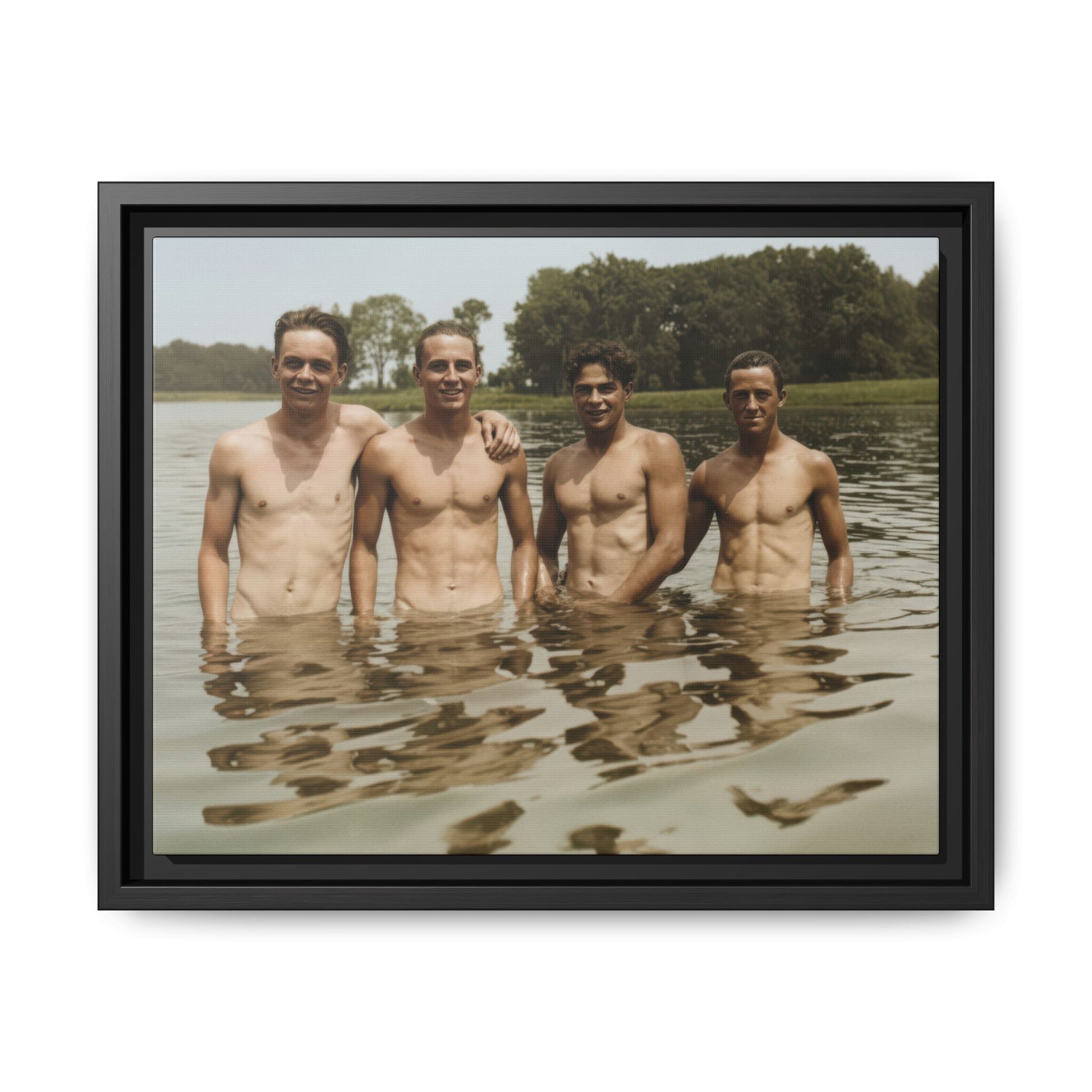 Four men standing in lake water vintage photograph restored and colorized 