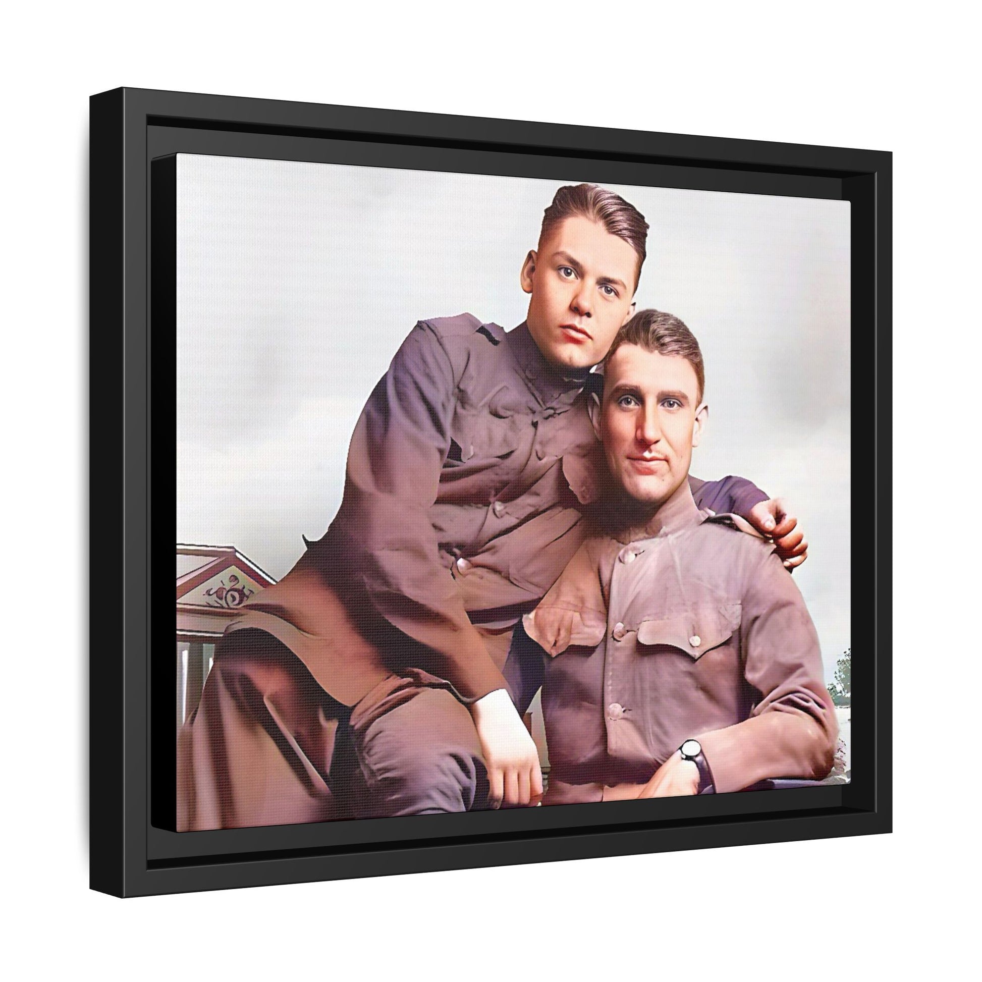 A restored WWII-era portrait of Charlie & Gordon at Debach Airfield, UK. This framed matte canvas captures military camaraderie, resilience, and historical connection, making it a timeless tribute for vintage and aviation collectors. Gay Couple