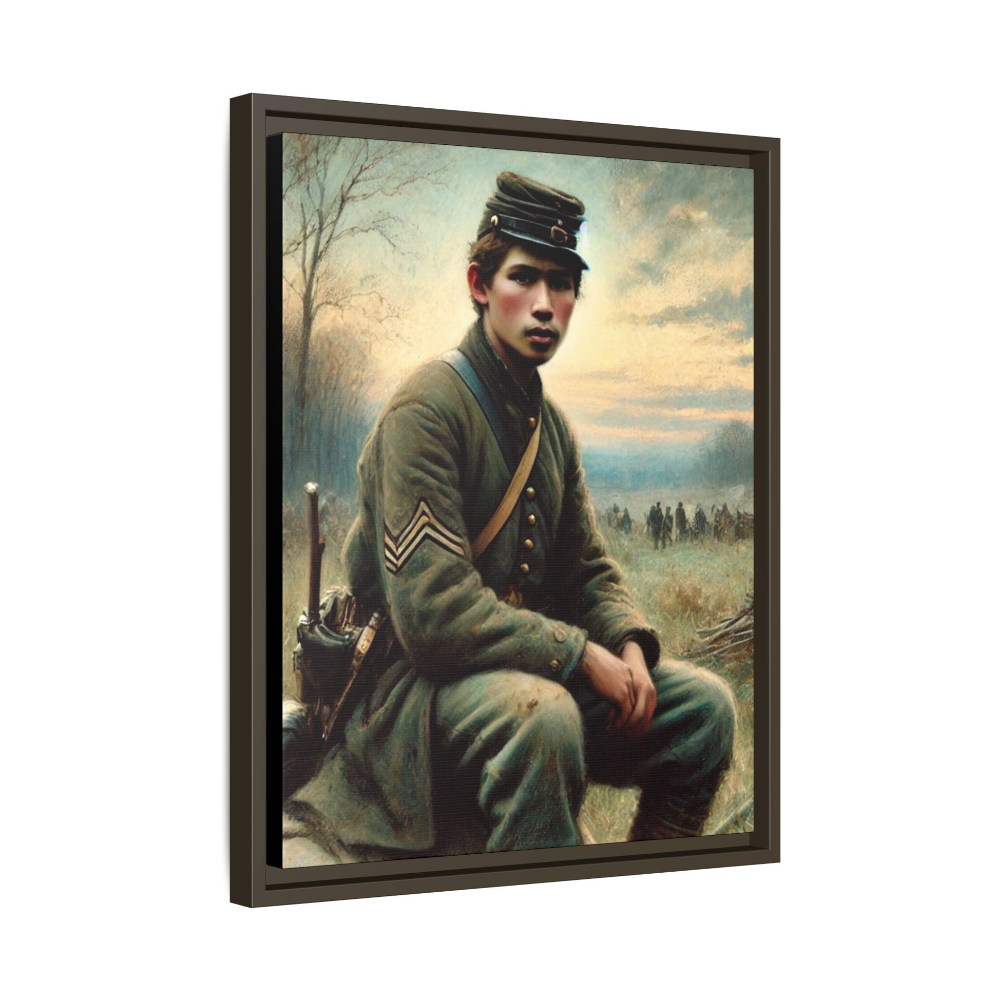 Framed artwork of a Civil War Union soldier inspired by Walt Whitman’s Leaves of Grass and Drum-Taps, depicting themes of sacrifice, strength, and vulnerability amidst a 19th-century battlefield.