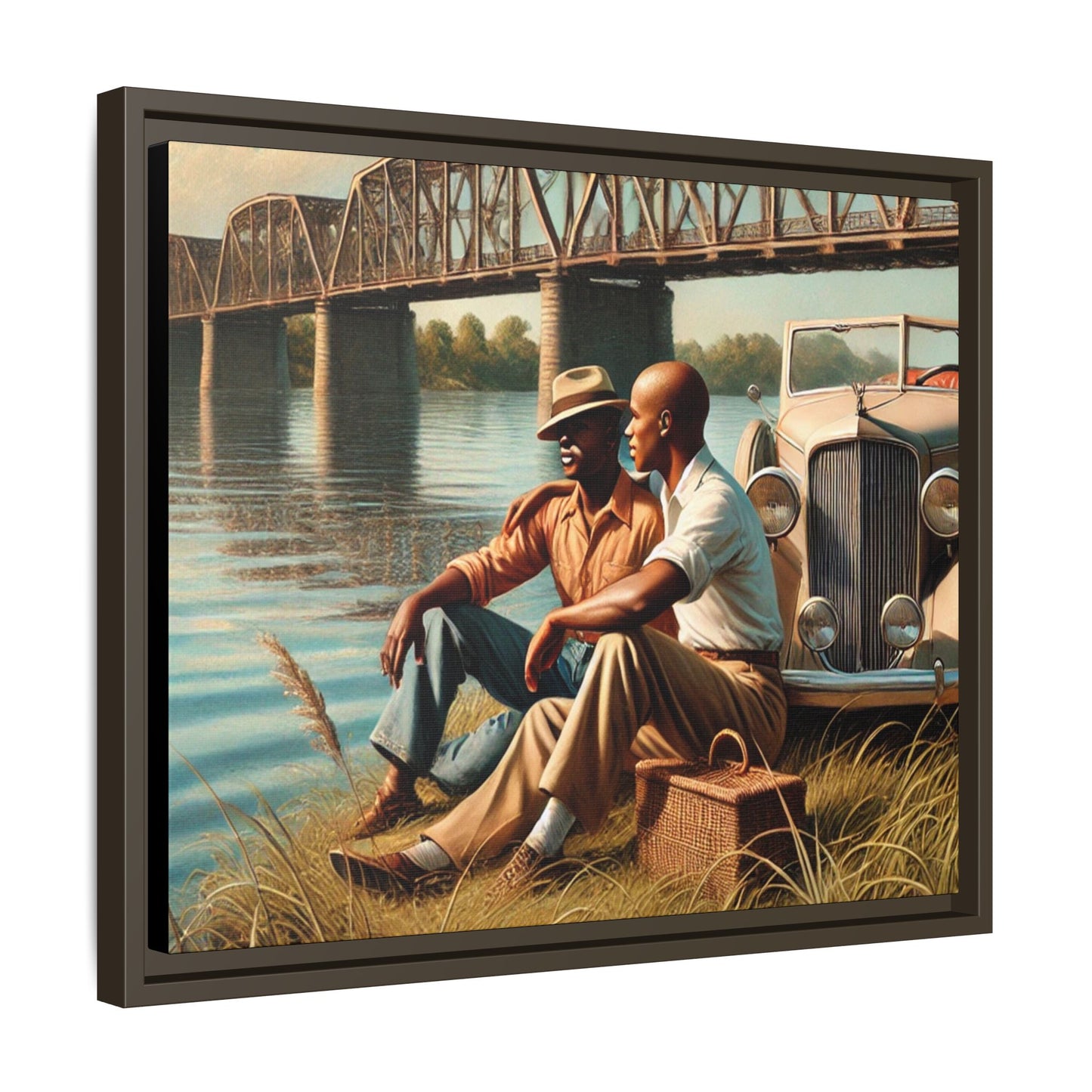 Vintage-style painting of an African-American gay couple in the 1930s by the Mississippi River with a Packard car, celebrating love and resilience.