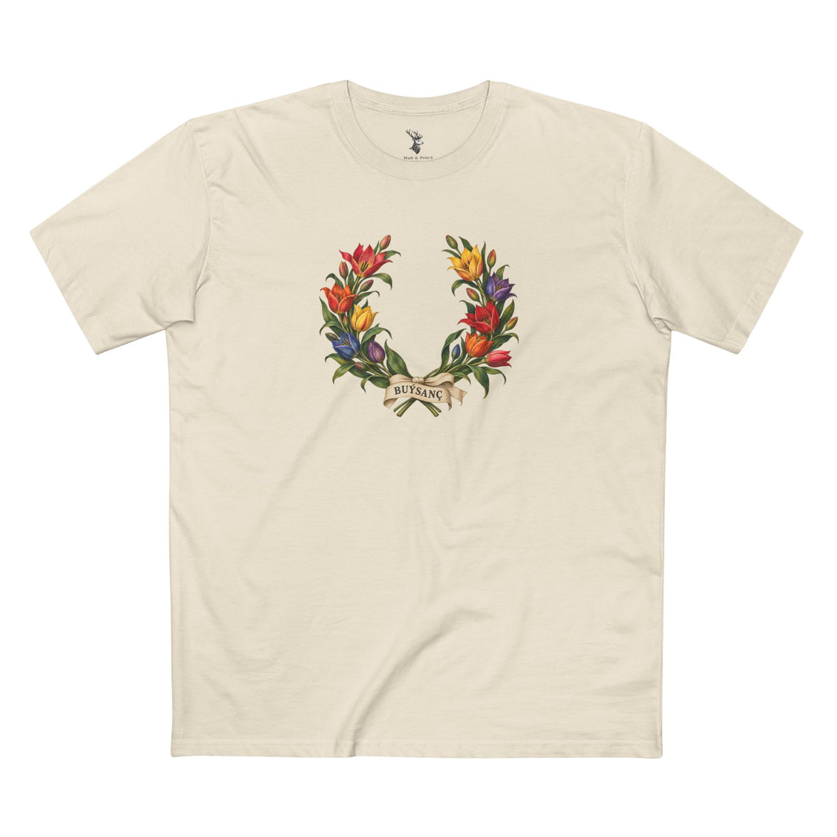 Turkmen Wild Tulip Buýsanç Pride Laurel Wreath T-Shirt — Unfolding Strength
