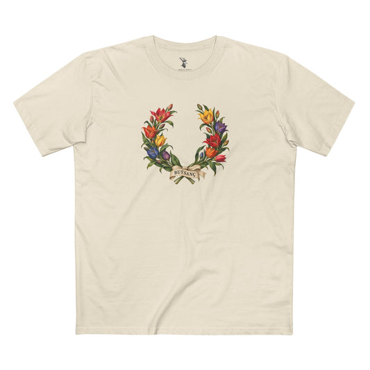 Turkmen Wild Tulip Buýsanç Pride Laurel Wreath T-Shirt — Unfolding Strength
