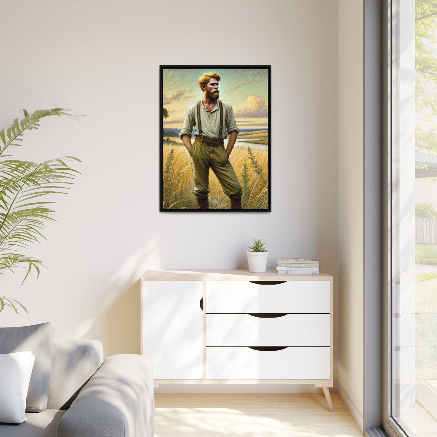 Framed artwork of a confident farmer in 19th-century attire, standing in a golden wheat field, inspired by Walt Whitman’s Song of Myself in Leaves of Grass.