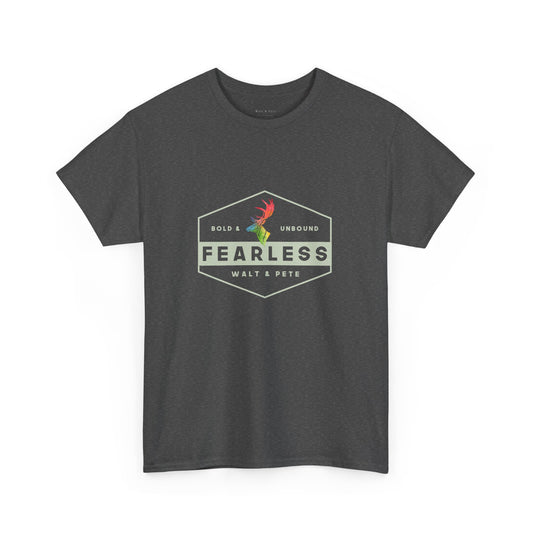 Unisex gr cotton t-shirt with a hexagon badge design reading “Fearless” and “Bold & Unbound,” featuring a rainbow antler—symbolizing LGBTQ+ pride and fearless queer identity
