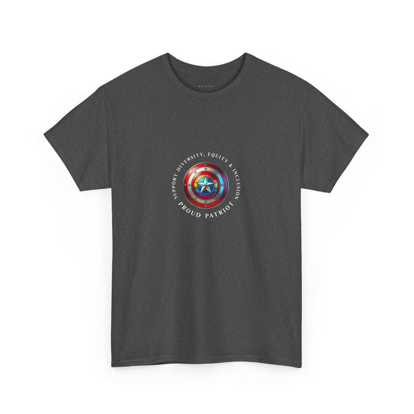 Vibrant DEI shield design on a unisex t-shirt celebrating diversity, equity, inclusion, and patriotism with a rainbow and star emblem.