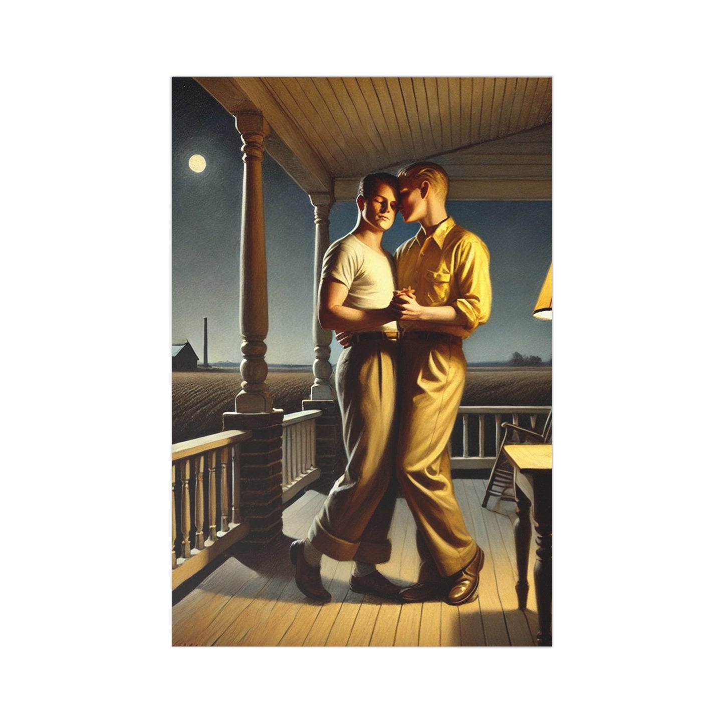 Intimate artwork of a loving gay couple standing hand-in-hand on a moonlit farmhouse porch, inspired by Grant Wood's Americana style.