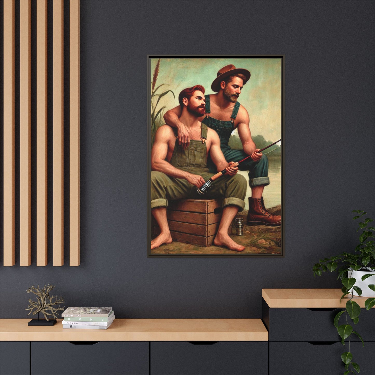 Vintage-style artwork of a gay couple fishing by a tranquil lake in the 1930s, celebrating love and nature.