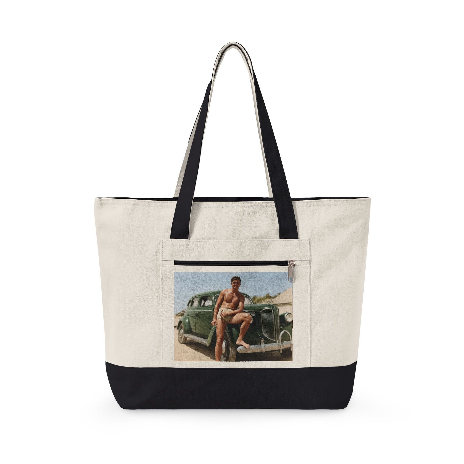 Vintage man sitting on classic car canvas tote 