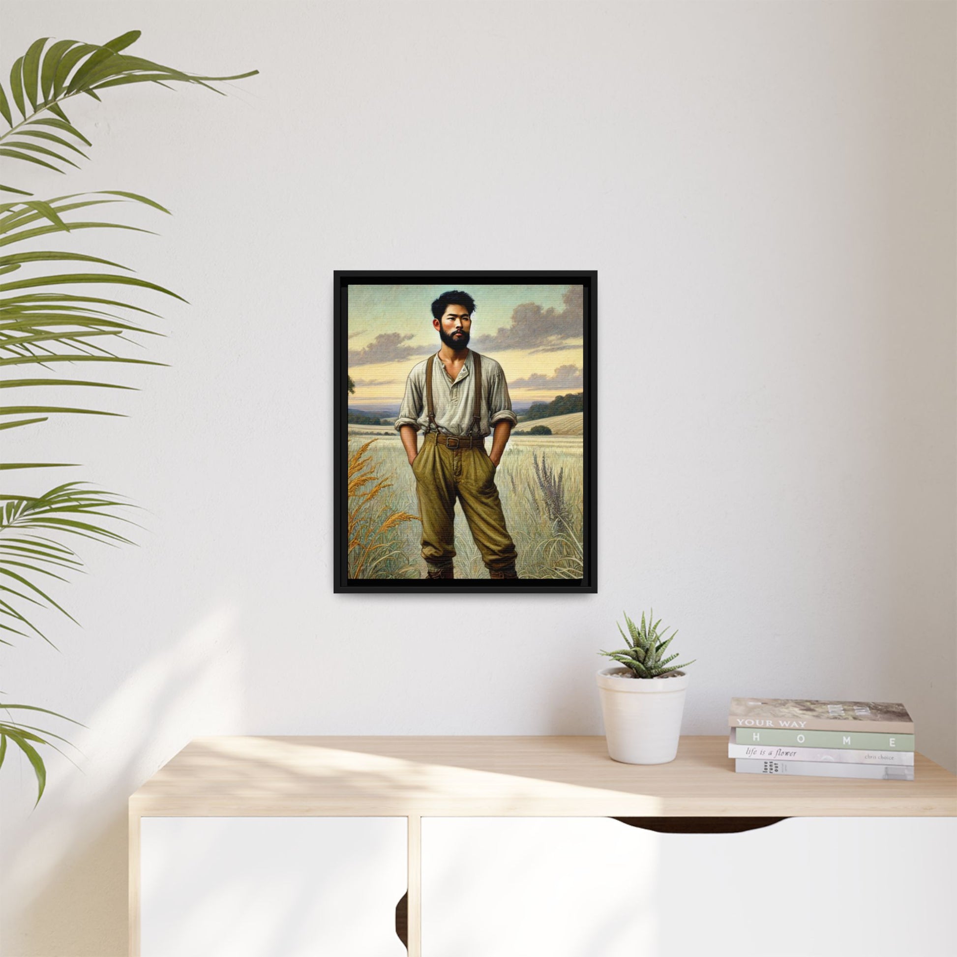 Framed artwork of an Asian-American farmer in 19th-century attire, inspired by Walt Whitman’s Leaves of Grass and Song of Myself, set against a serene rural backdrop of golden wheat fields and rolling hills.