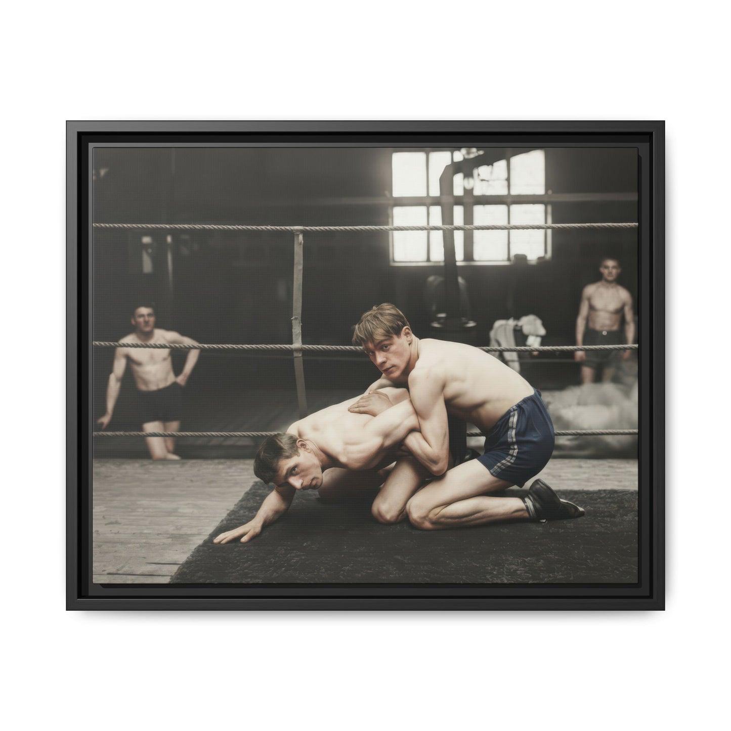 Framed matte canvas wall art showing an early 20th-century wrestling scene in gym interior 