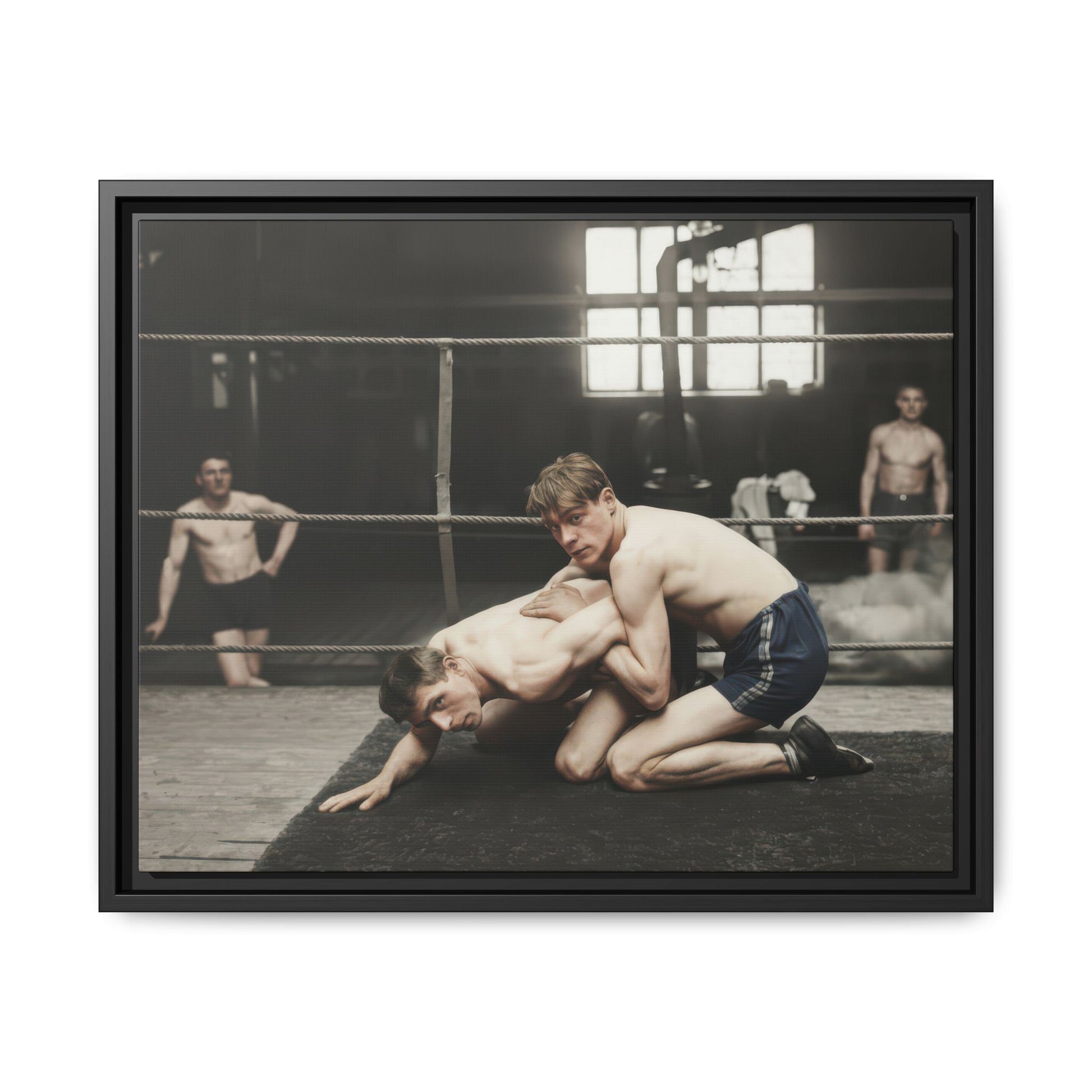 Framed matte canvas wall art showing an early 20th-century wrestling scene in gym interior 