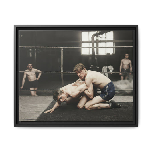 Framed matte canvas wall art showing an early 20th-century wrestling scene in gym interior 