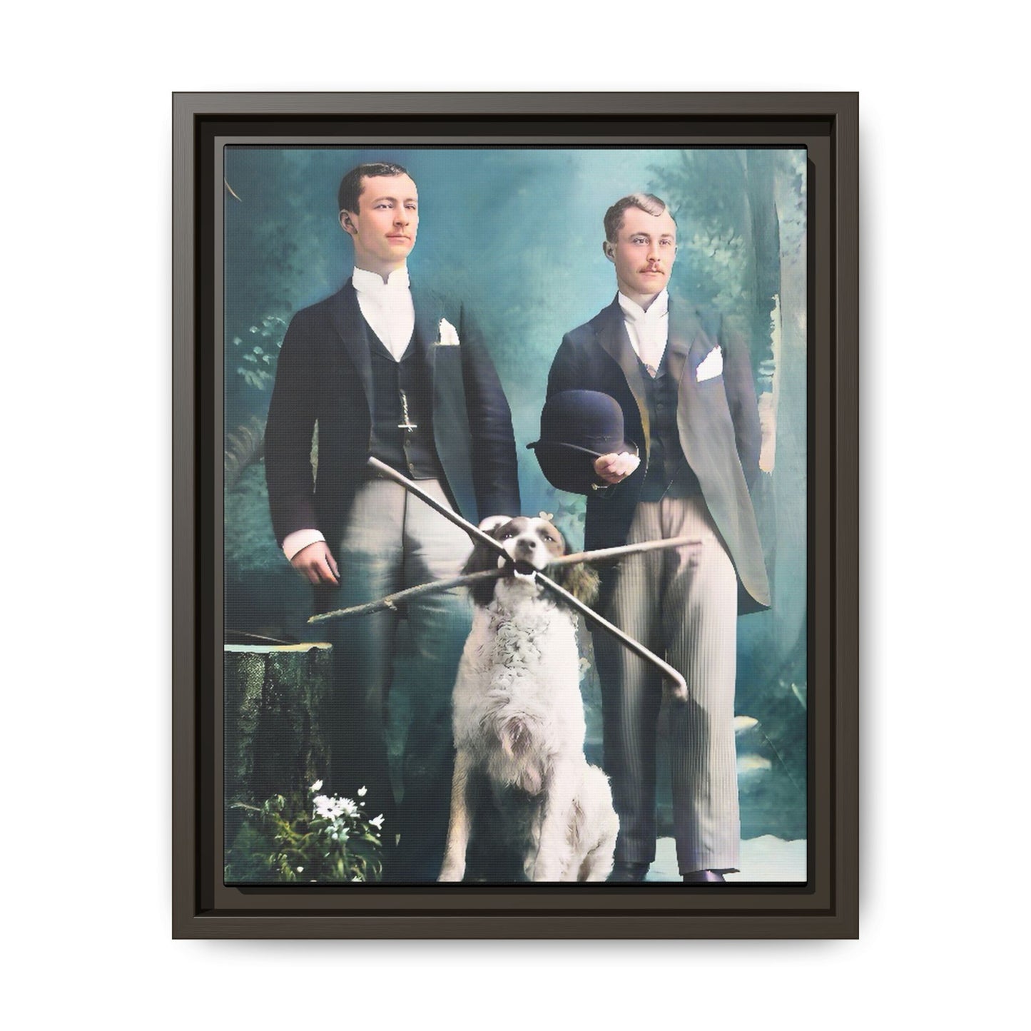 Restored vintage photograph of Patrick and Everett, an Edwardian gay couple with their loyal dog, taken in early 1900s Frankfort, Kentucky. Framed matte canvas print celebrating LGBTQ+ history, love, and companionship.