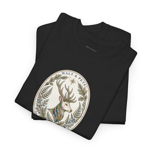 Front of Good Company Winter Trail queer heritage T-shirt with Walt and Pete stag and botanical oval emblem