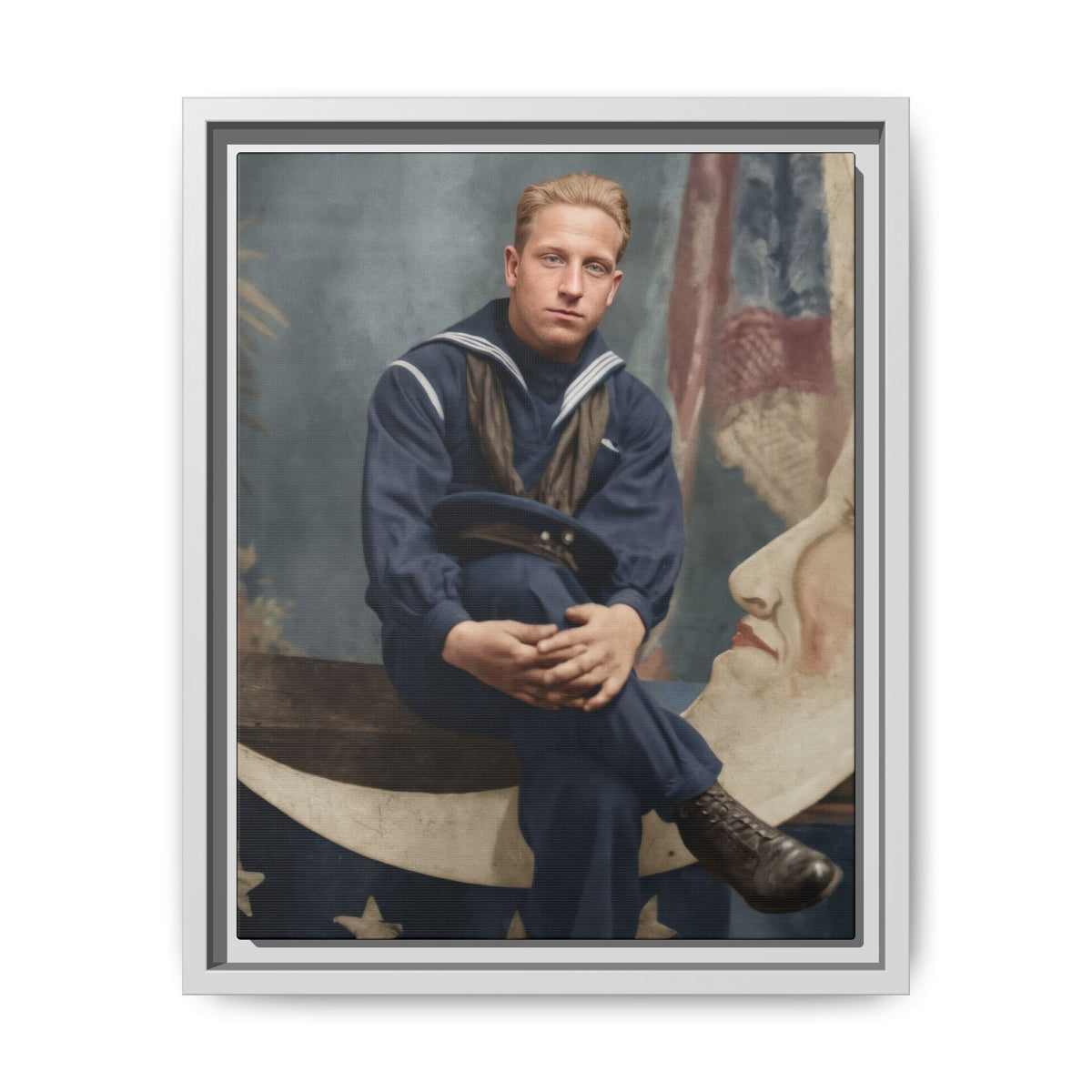 Célibataire 016 portrait featuring a sailor’s crossed leg and lace-up boot above a crescent moon, with decorative painted scenery behind him.