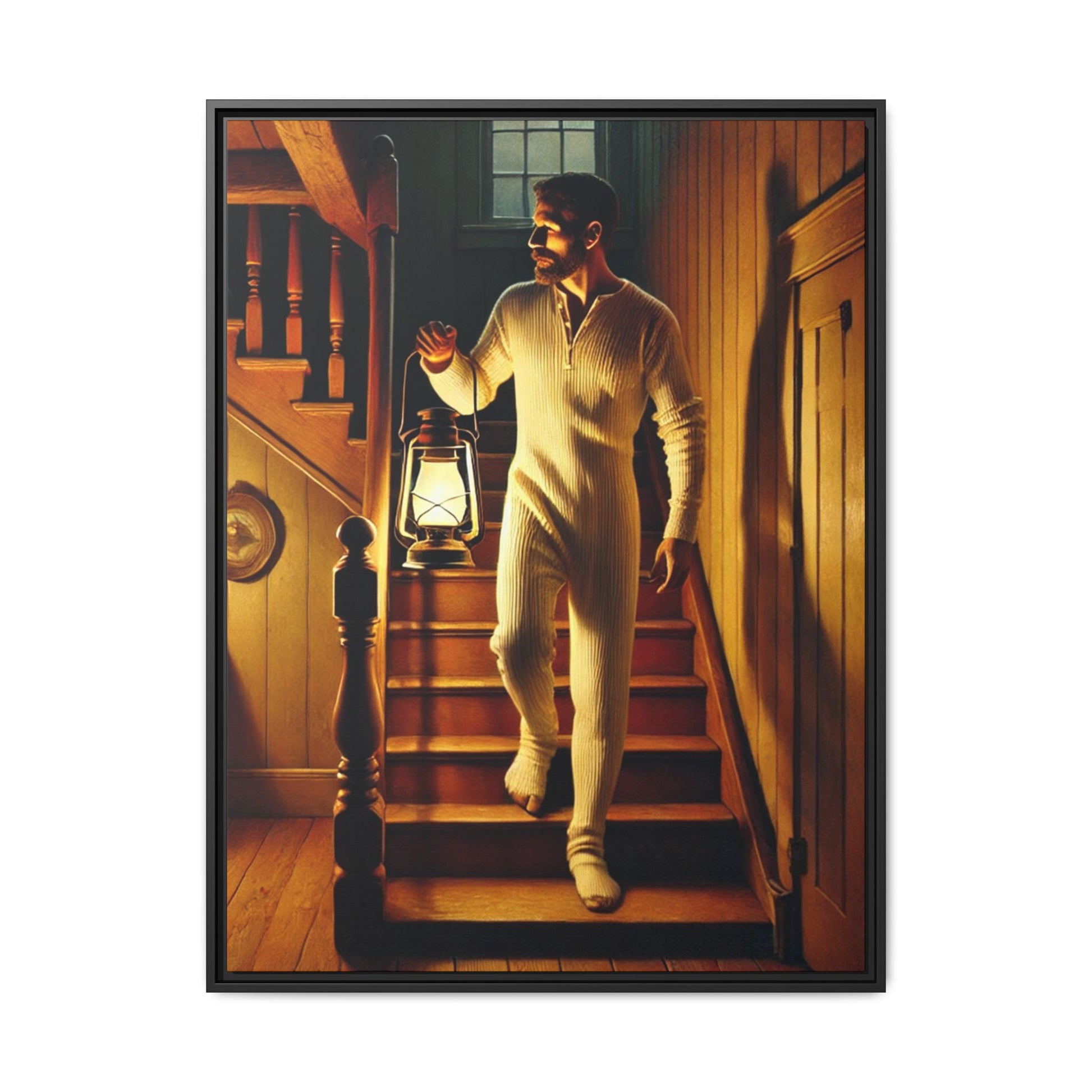 Atmospheric artwork of a man descending wooden stairs with a lantern, inspired by Grant Wood’s rural themes.