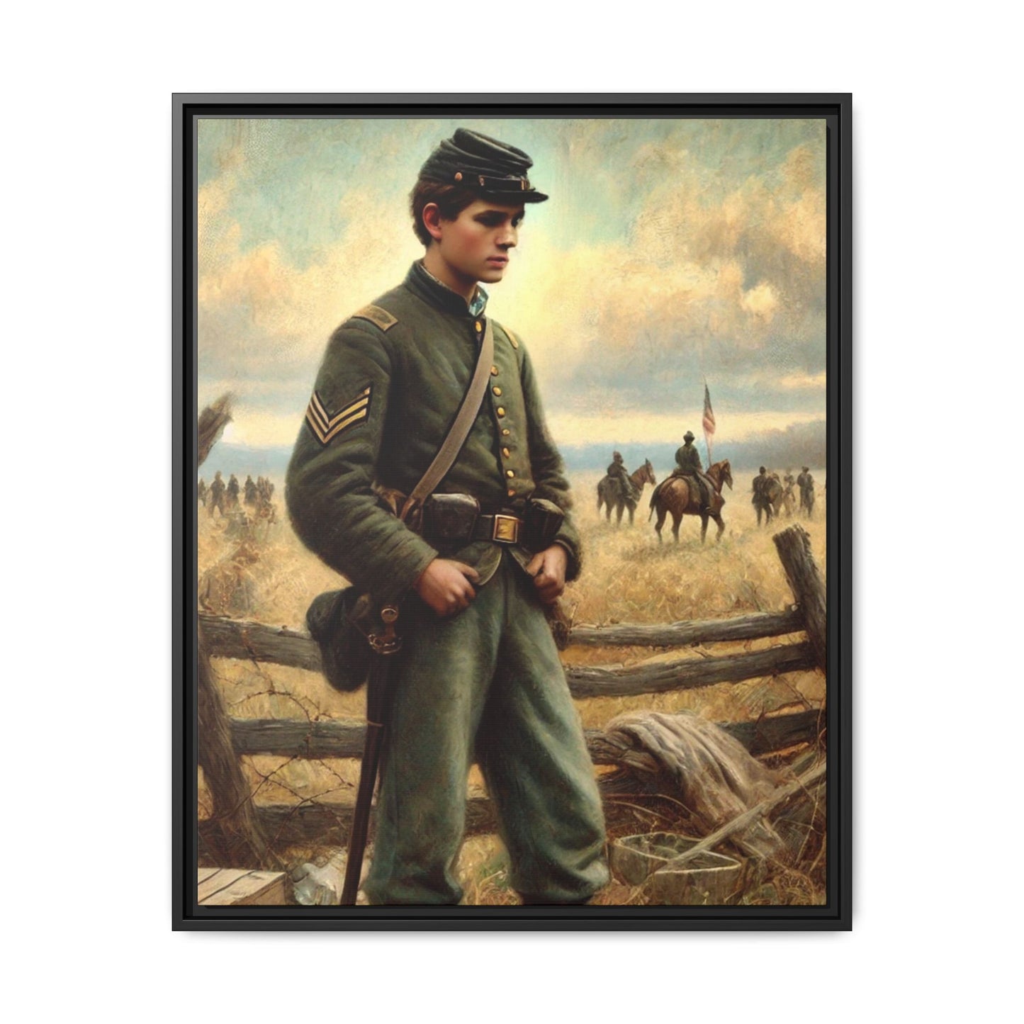 Framed artwork of a young Civil War Union soldier inspired by Walt Whitman’s Drum-Taps poems and Grant Wood's style, depicting battlefield sacrifice, humanity, and historical charm.