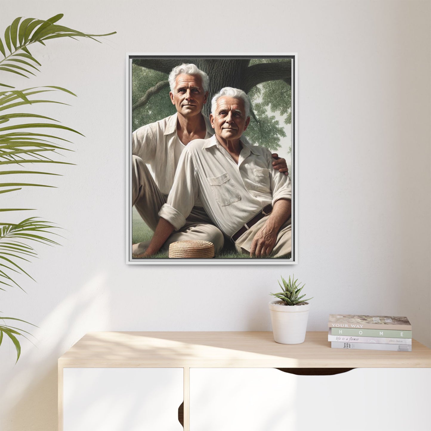 Hyper-realistic painting of an elderly gay couple in 1930s vintage attire under a leafy tree, celebrating love and resilience.