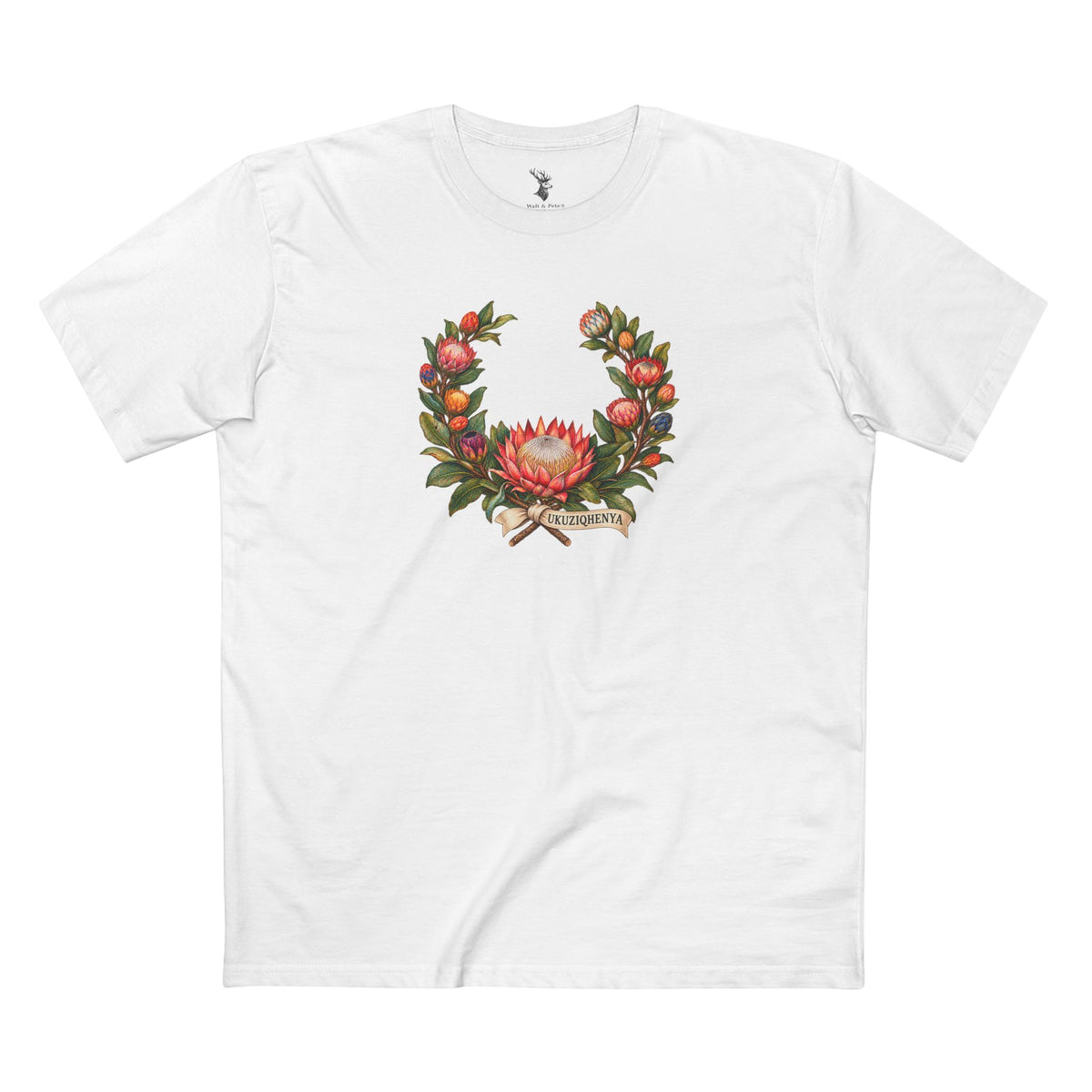 Light-colored King Protea Pride T-shirt featuring a colorful botanical wreath, a central crown-like protea flower, and dark UKUZIQHENYA lettering.