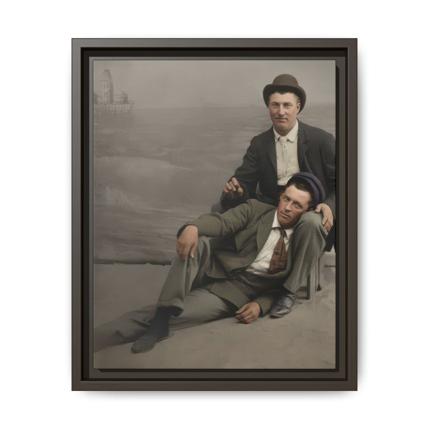 Historical paired portrait showing one seated figure and one reclining figure in period dress near a waterside backdrop