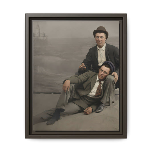 Historical paired portrait showing one seated figure and one reclining figure in period dress near a waterside backdrop